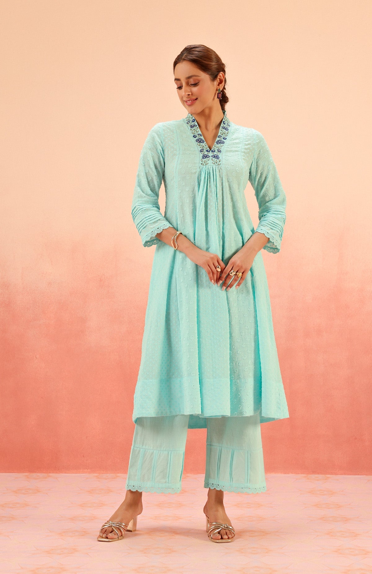 SUMANA BLUE COTTON SLUB JACQUARD HANDCRAFTED KURTA SET