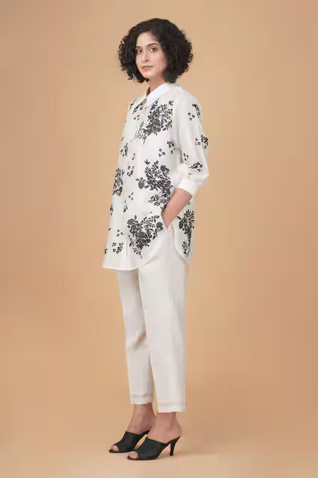 Ivory Black Print Yuri Floral Shirt and Pant Set