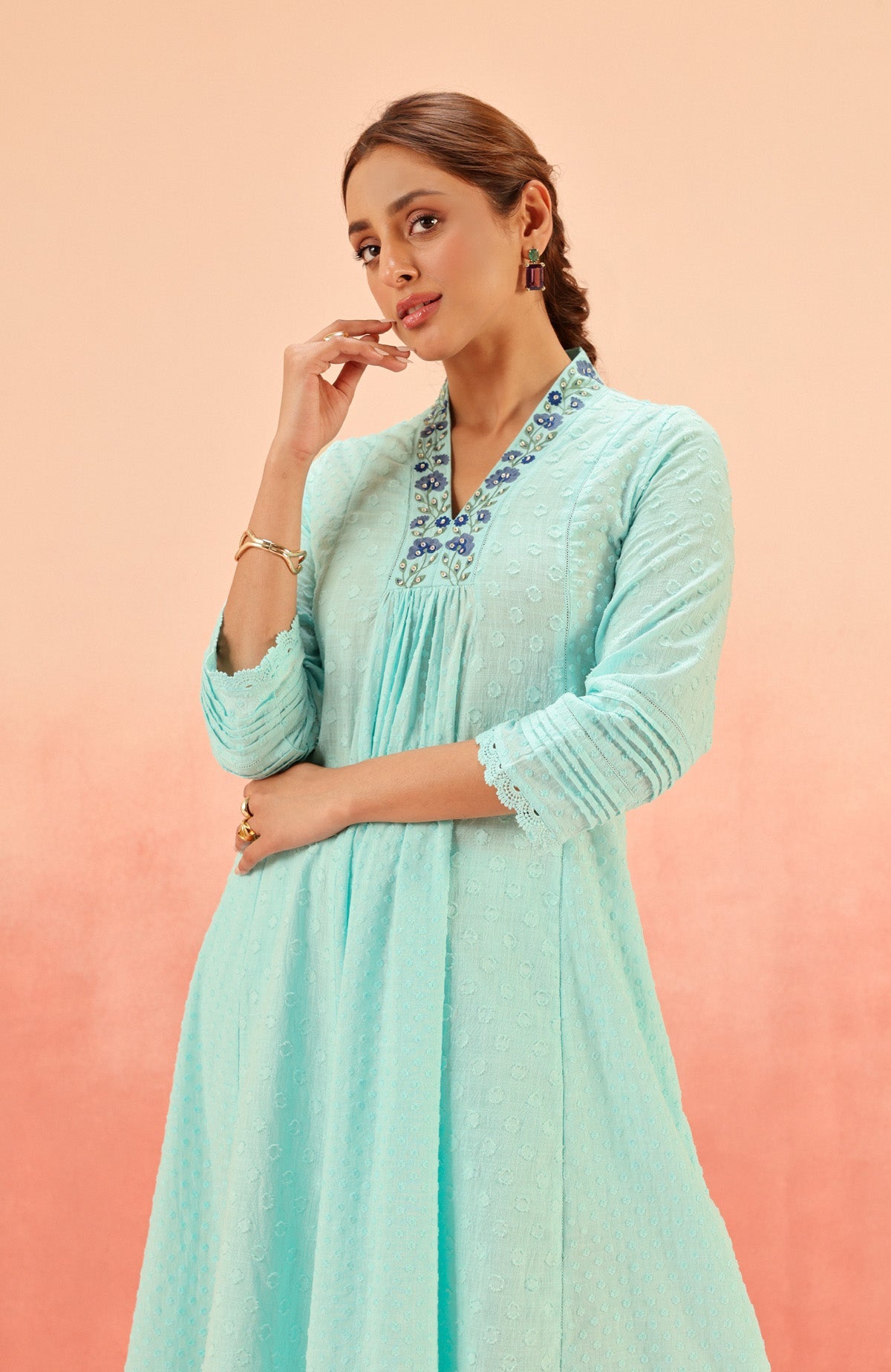SUMANA BLUE COTTON SLUB JACQUARD HANDCRAFTED KURTA SET