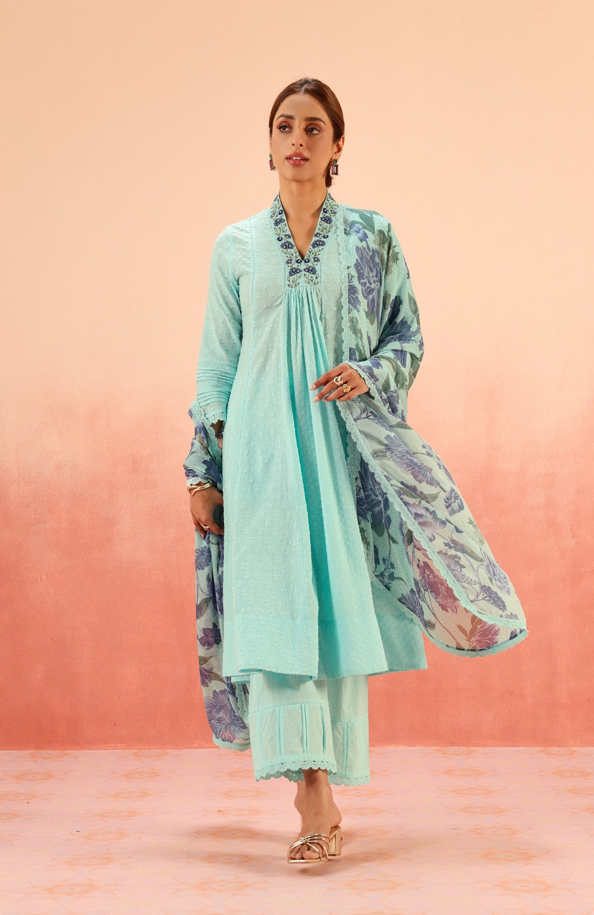SUMANA BLUE COTTON SLUB JACQUARD HANDCRAFTED KURTA SET