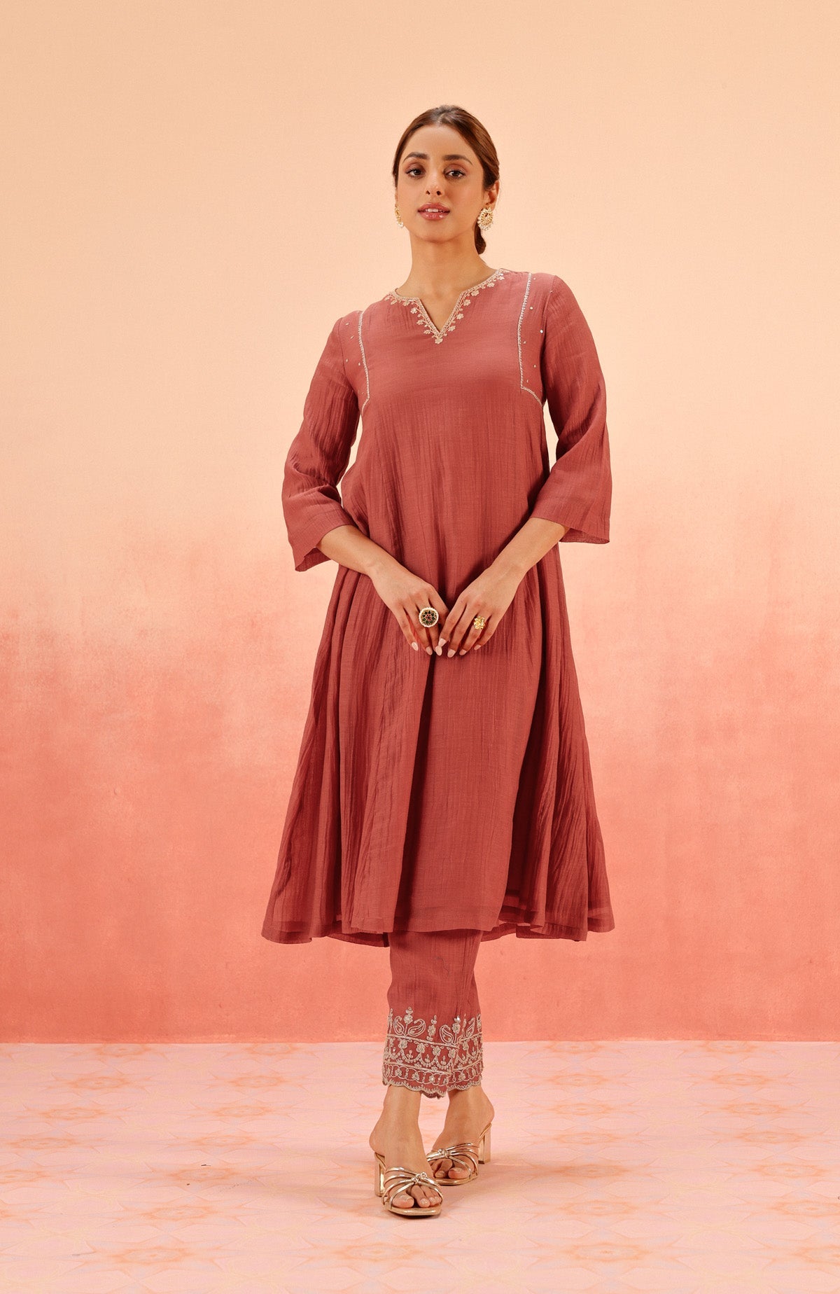 SAMIYA RED COTTON SILK CHANDERI EMBROIDERED HANDCRAFTED KURTA SET