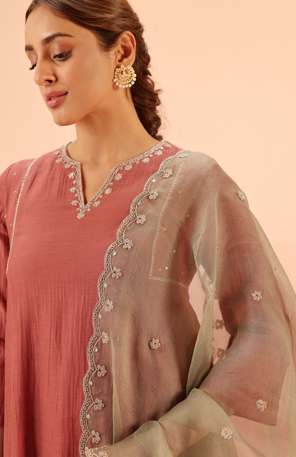 SAMIYA RED COTTON SILK CHANDERI EMBROIDERED HANDCRAFTED KURTA SET