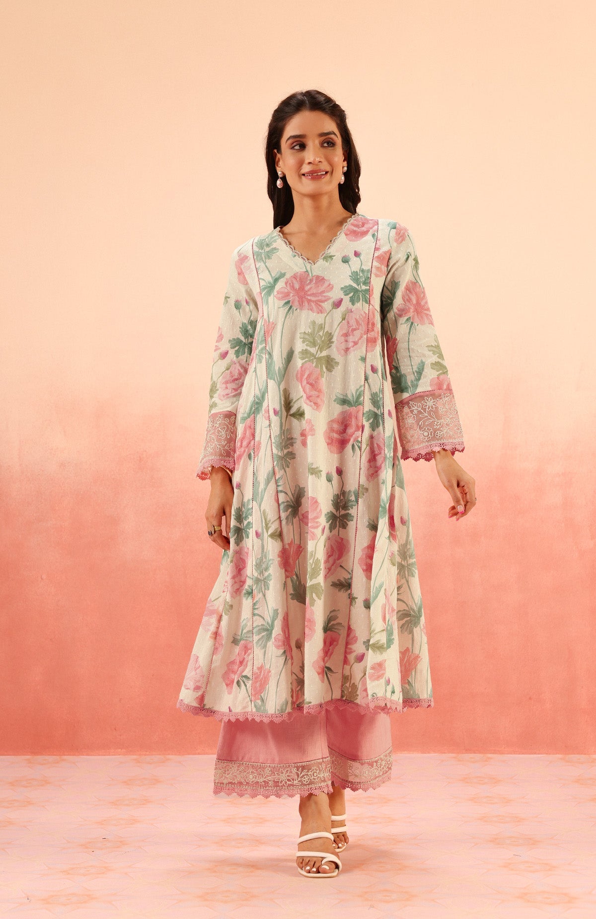 ANAYA PINK FLORAL PRINTED COTTON DOBBY KURTA SET