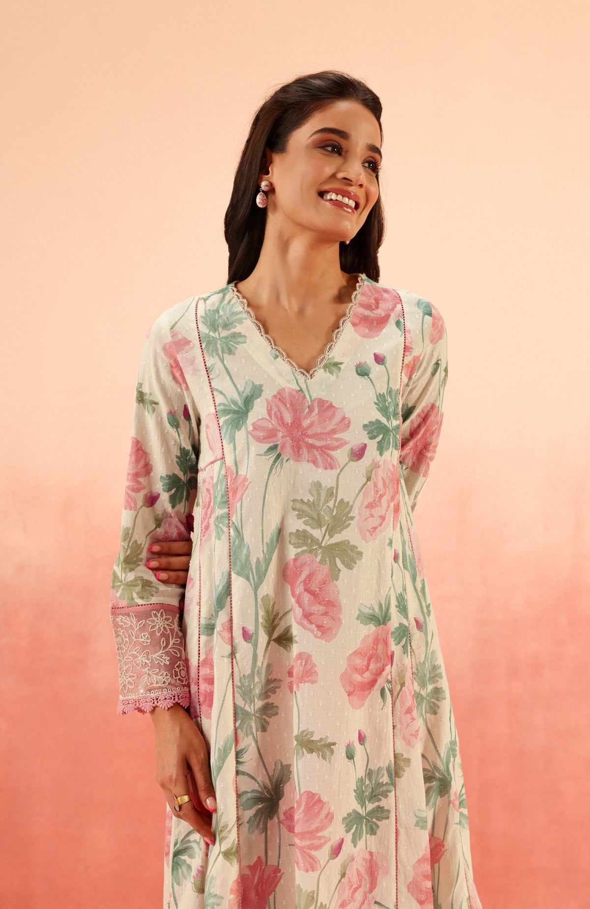 ANAYA PINK FLORAL PRINTED COTTON DOBBY KURTA SET