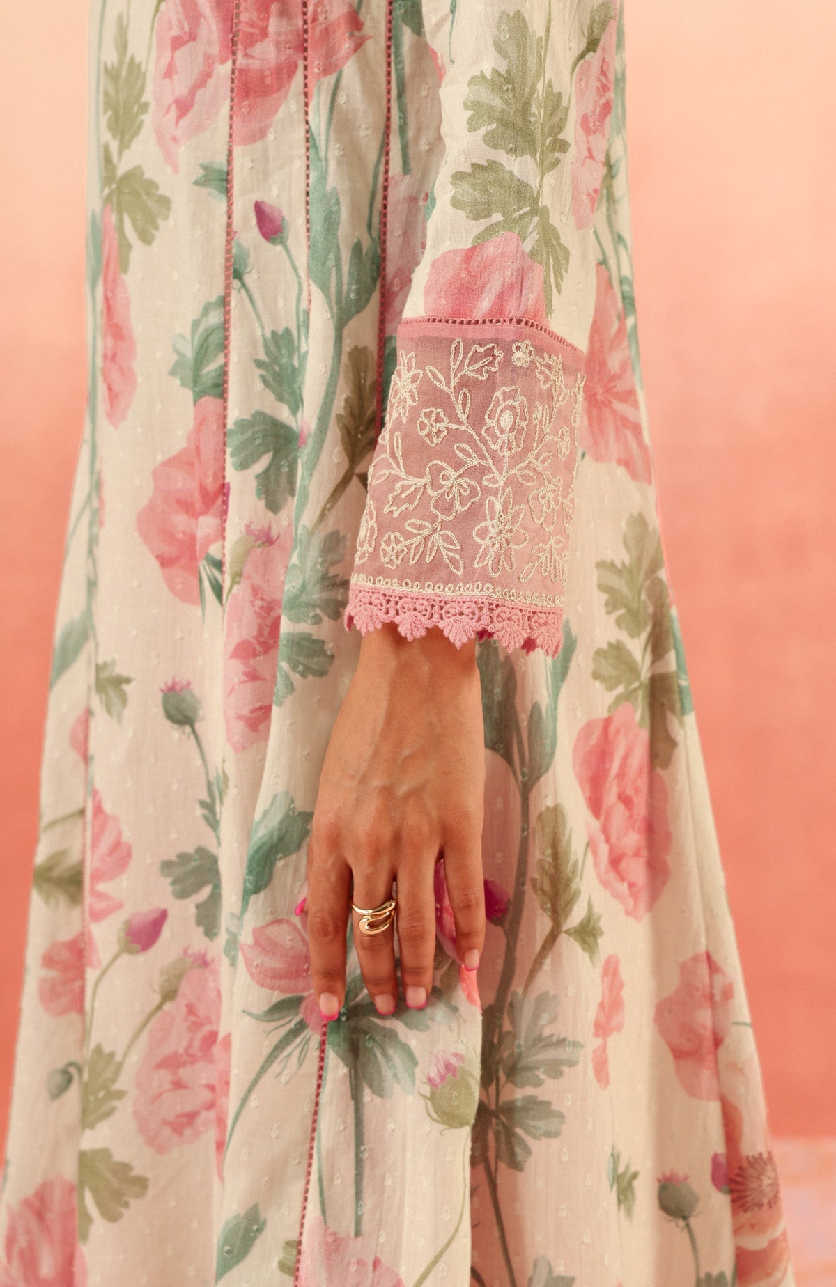 ANAYA PINK FLORAL PRINTED COTTON DOBBY KURTA SET