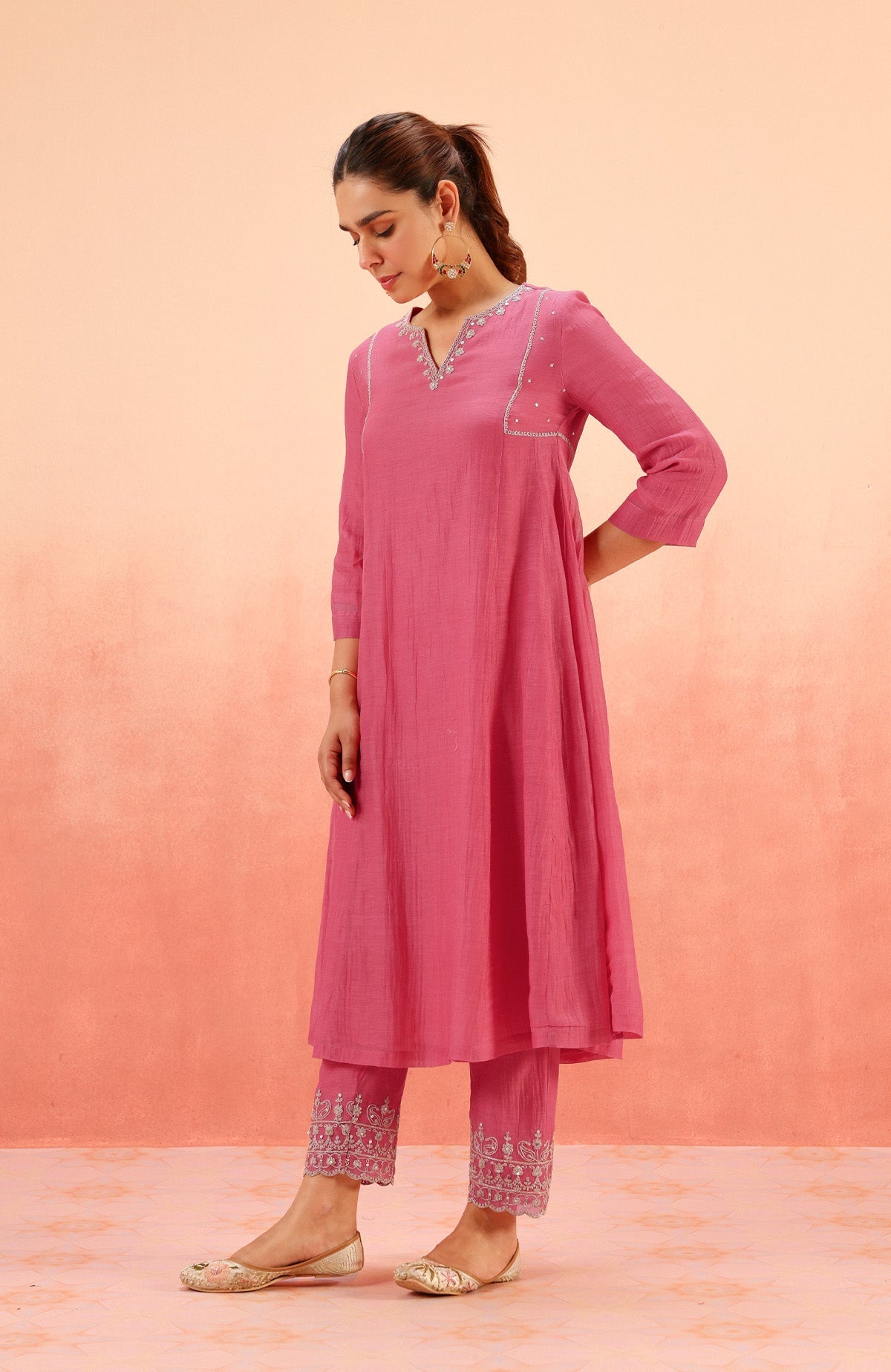 SAMIYA PINK COTTON SILK CHANDERI EMBROIDERED HANDCRAFTED KURTA SET