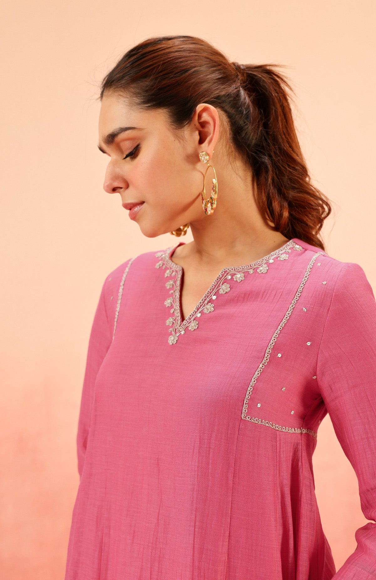 SAMIYA PINK COTTON SILK CHANDERI EMBROIDERED HANDCRAFTED KURTA SET
