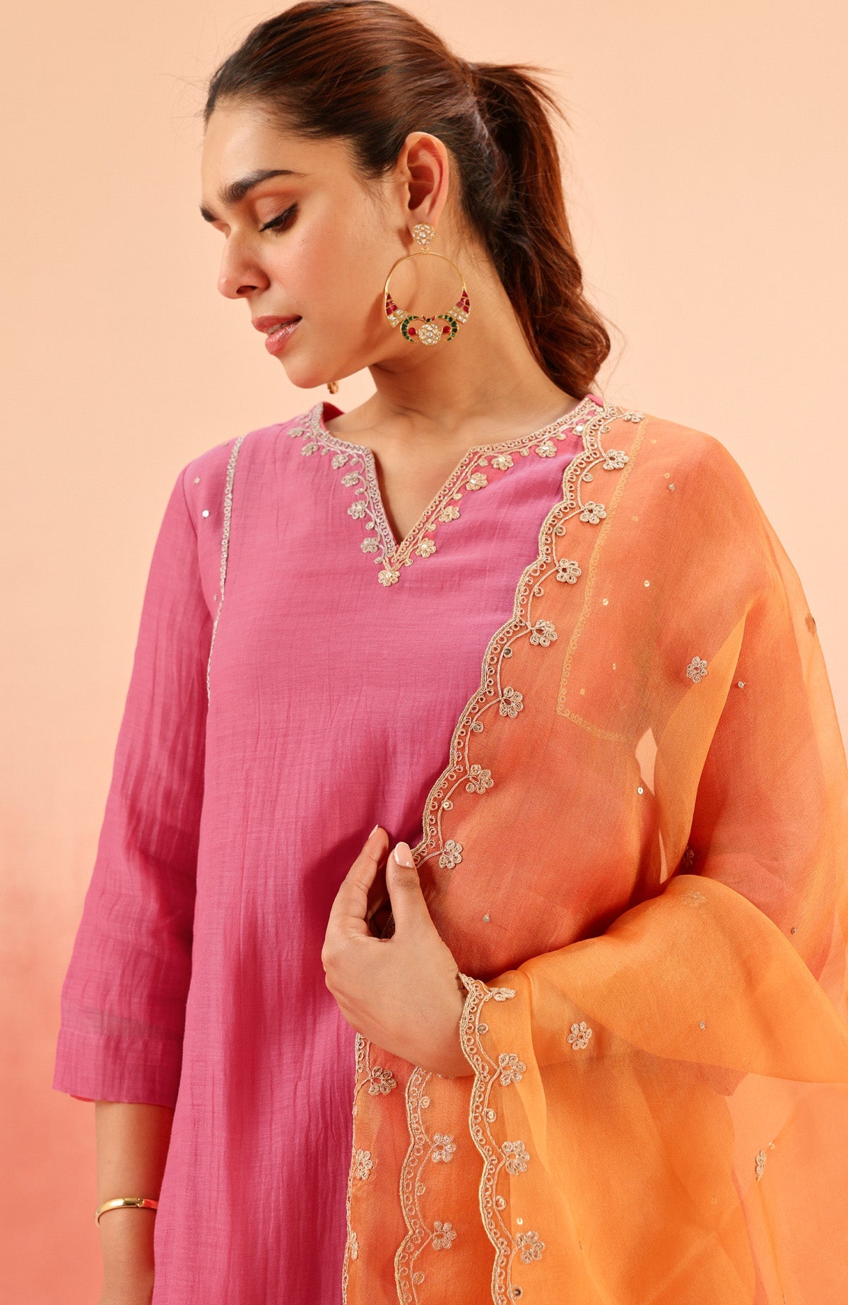 SAMIYA PINK COTTON SILK CHANDERI EMBROIDERED HANDCRAFTED KURTA SET