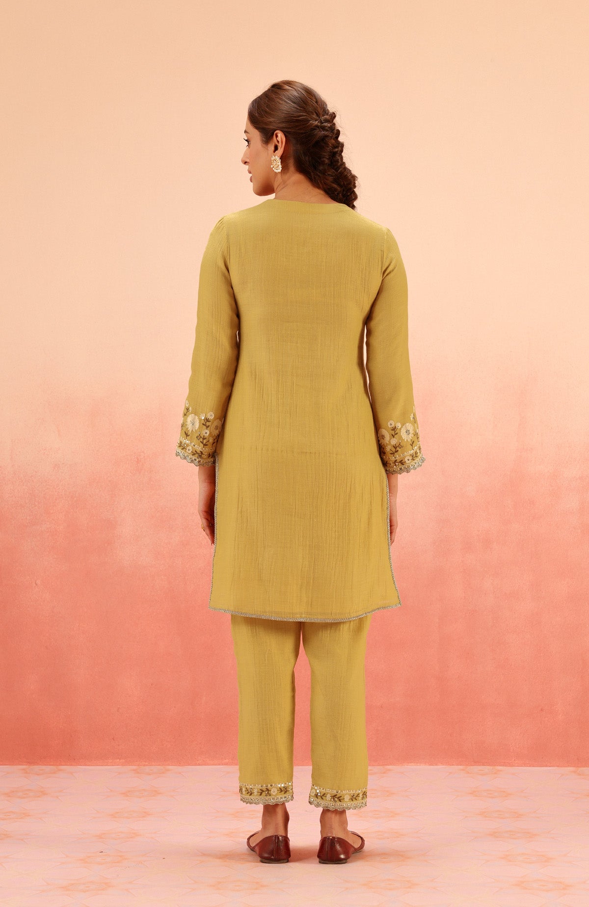 MOGRA MUSTARD COTTON SILK CHANDERI EMBROIDERED HANDCRAFTED KURTA SET