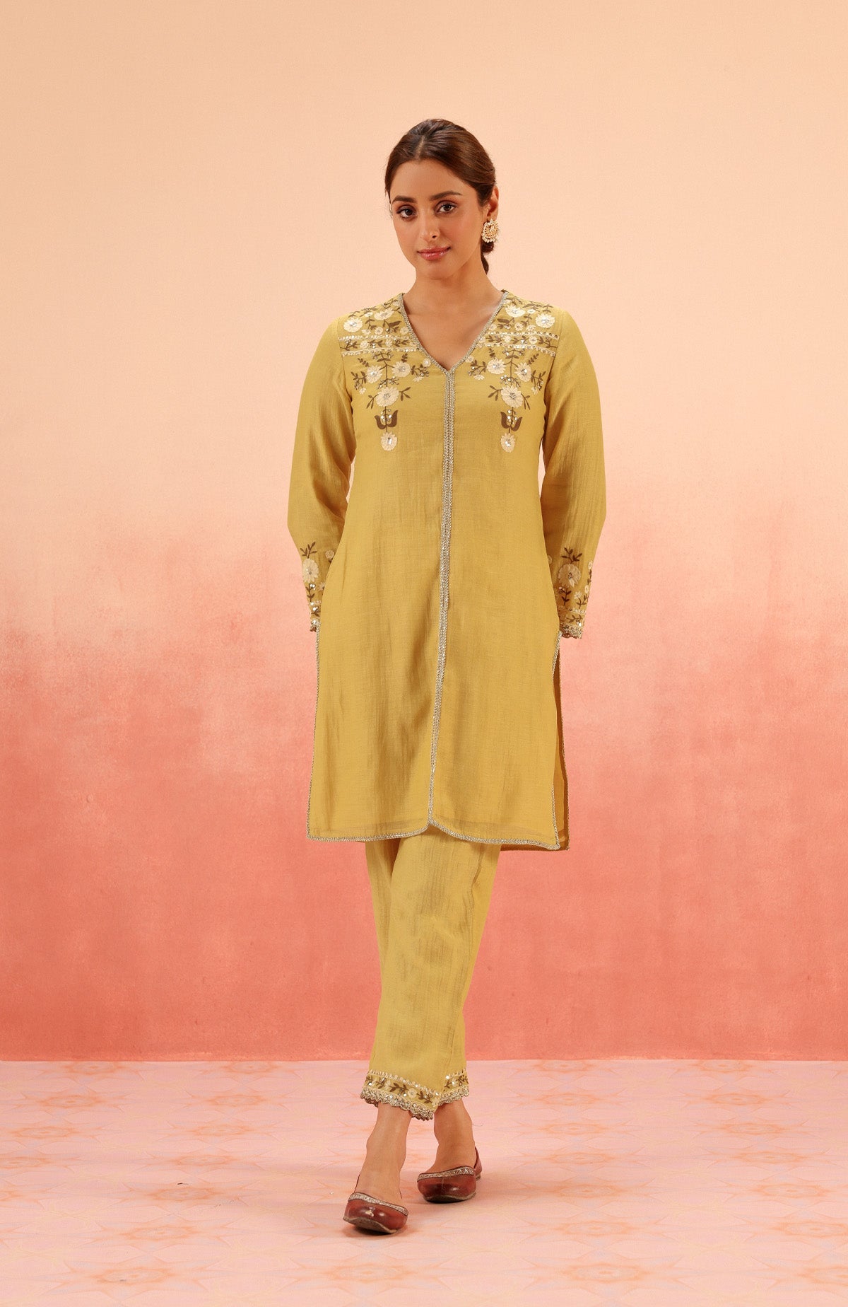 MOGRA MUSTARD COTTON SILK CHANDERI EMBROIDERED HANDCRAFTED KURTA SET