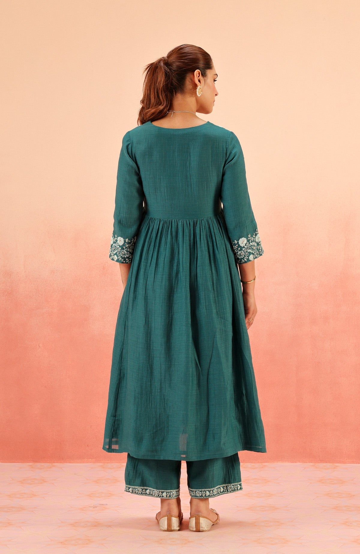 TARINI TEAL COTTON SILK CHANDERI EMBROIDERED HANDCRAFTED KURTA SET