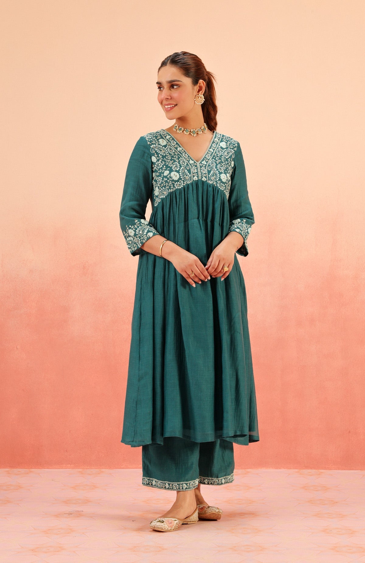 TARINI TEAL COTTON SILK CHANDERI EMBROIDERED HANDCRAFTED KURTA SET