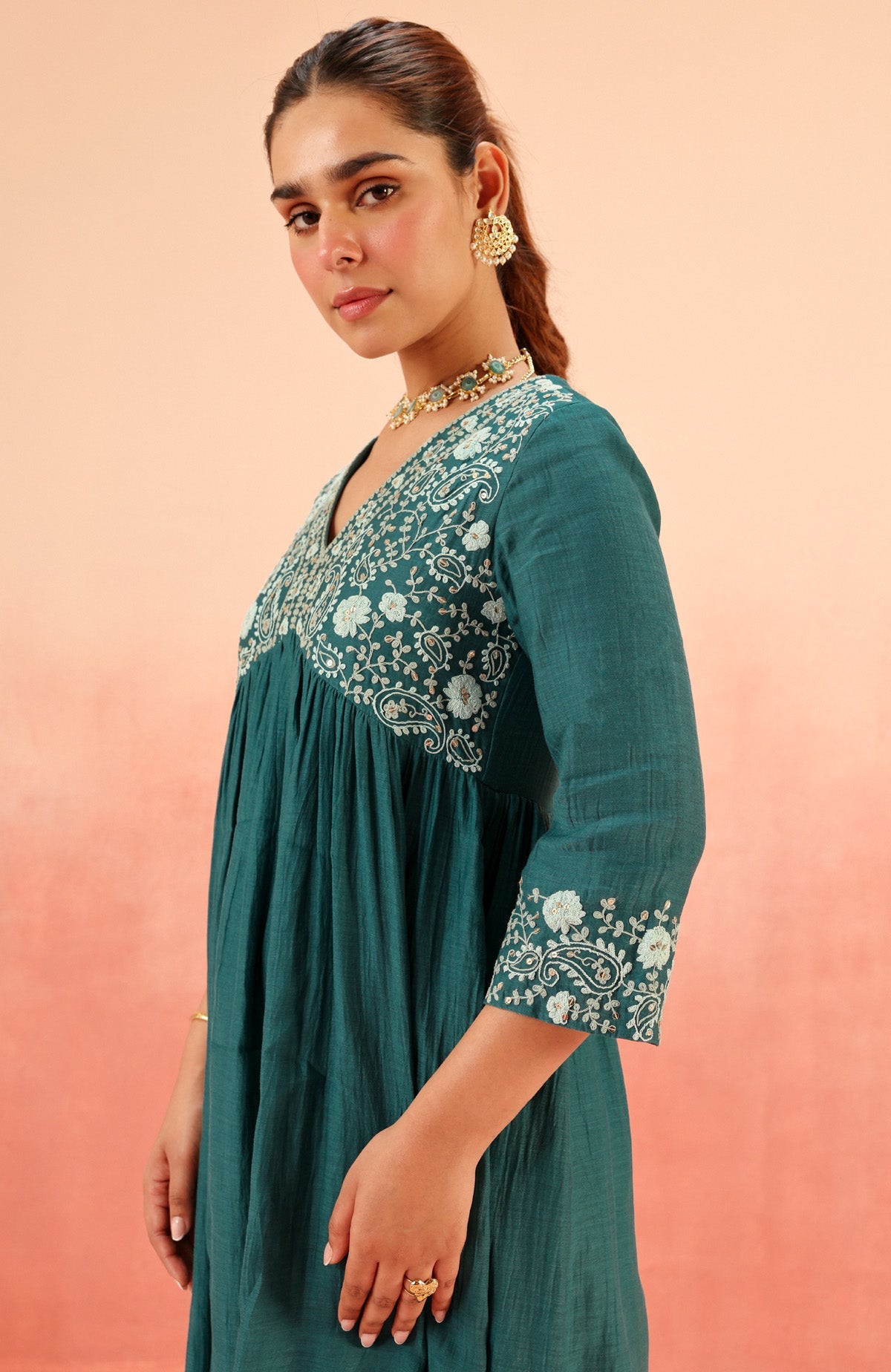 TARINI TEAL COTTON SILK CHANDERI EMBROIDERED HANDCRAFTED KURTA SET