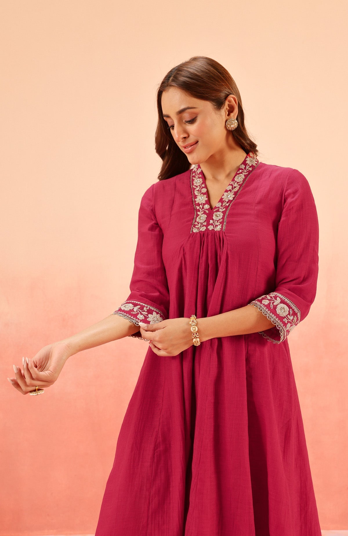 CHANDANI CRIMSON COTTON SILK EMBROIDERED HANDCRAFTED KURTA SET