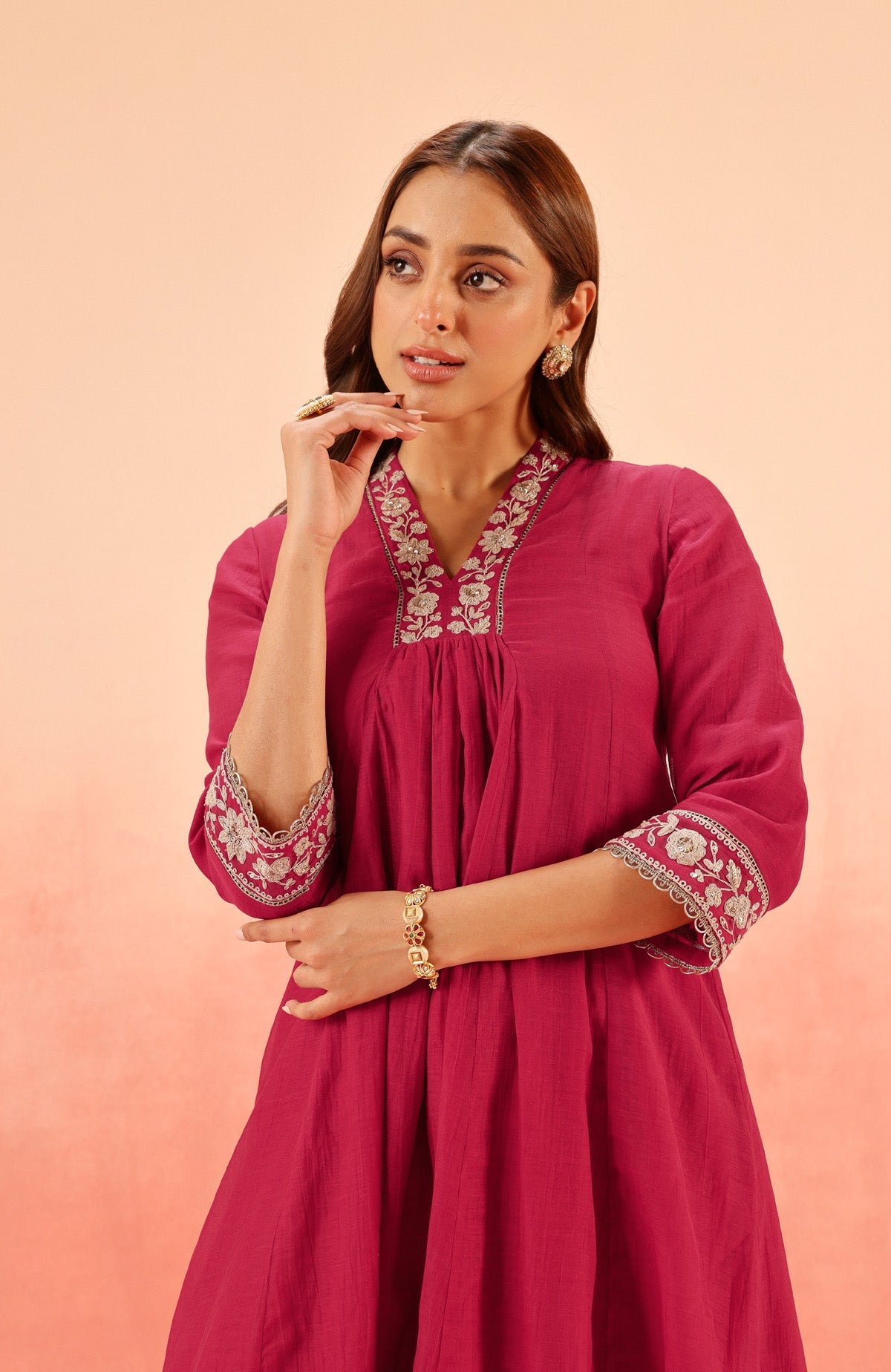 CHANDANI CRIMSON COTTON SILK EMBROIDERED HANDCRAFTED KURTA SET