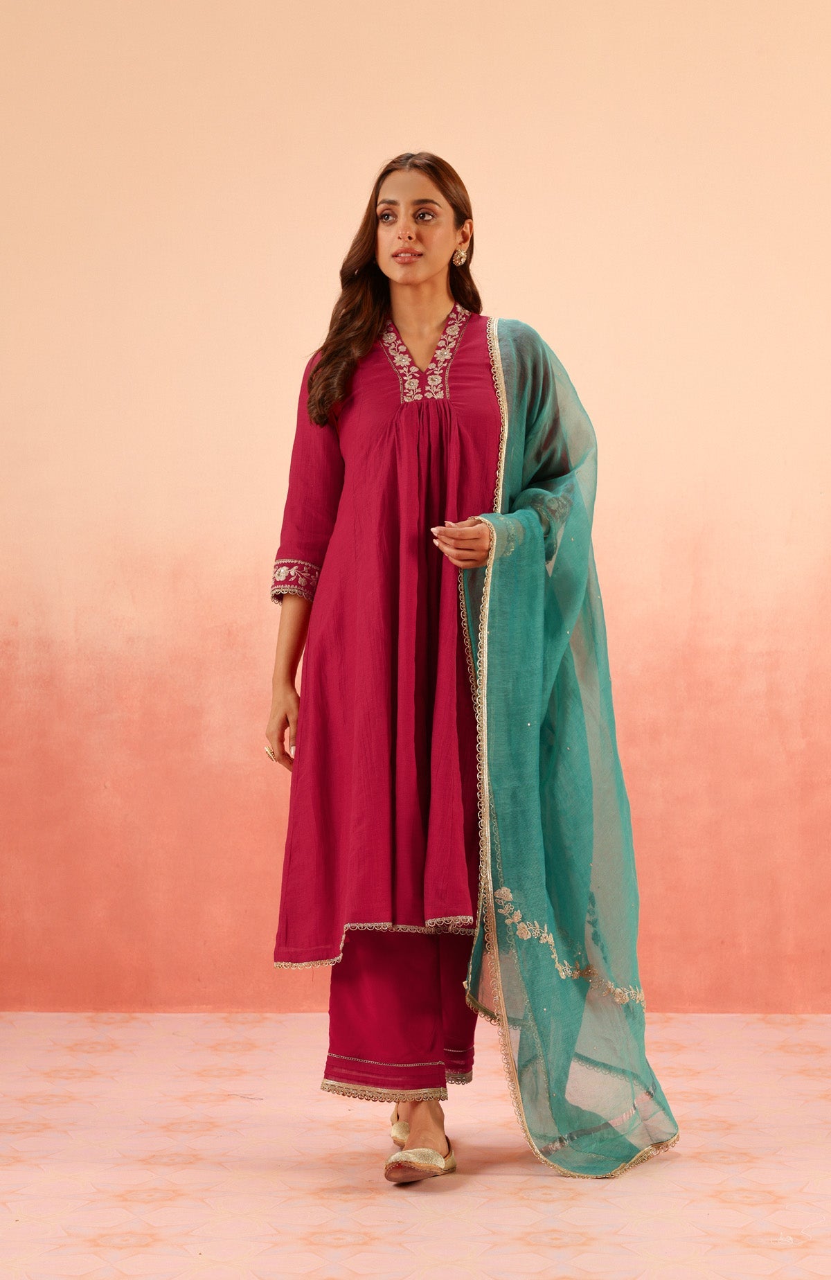 CHANDANI CRIMSON COTTON SILK EMBROIDERED HANDCRAFTED KURTA SET