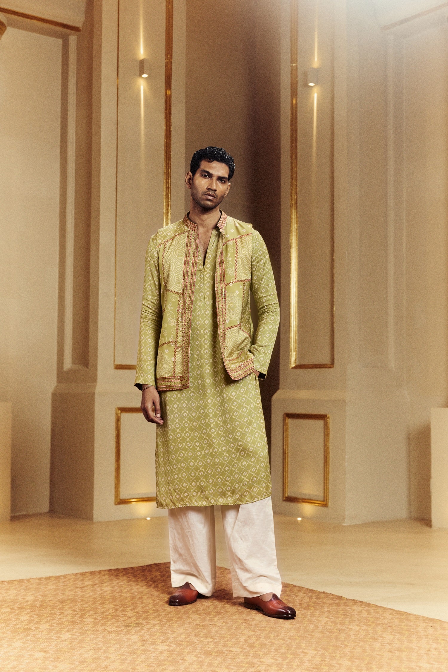 Dry Heena Green Kurta And Bundi Set