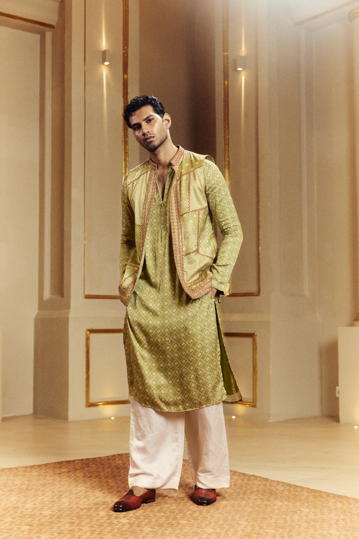 Dry Heena Green Kurta And Bundi Set