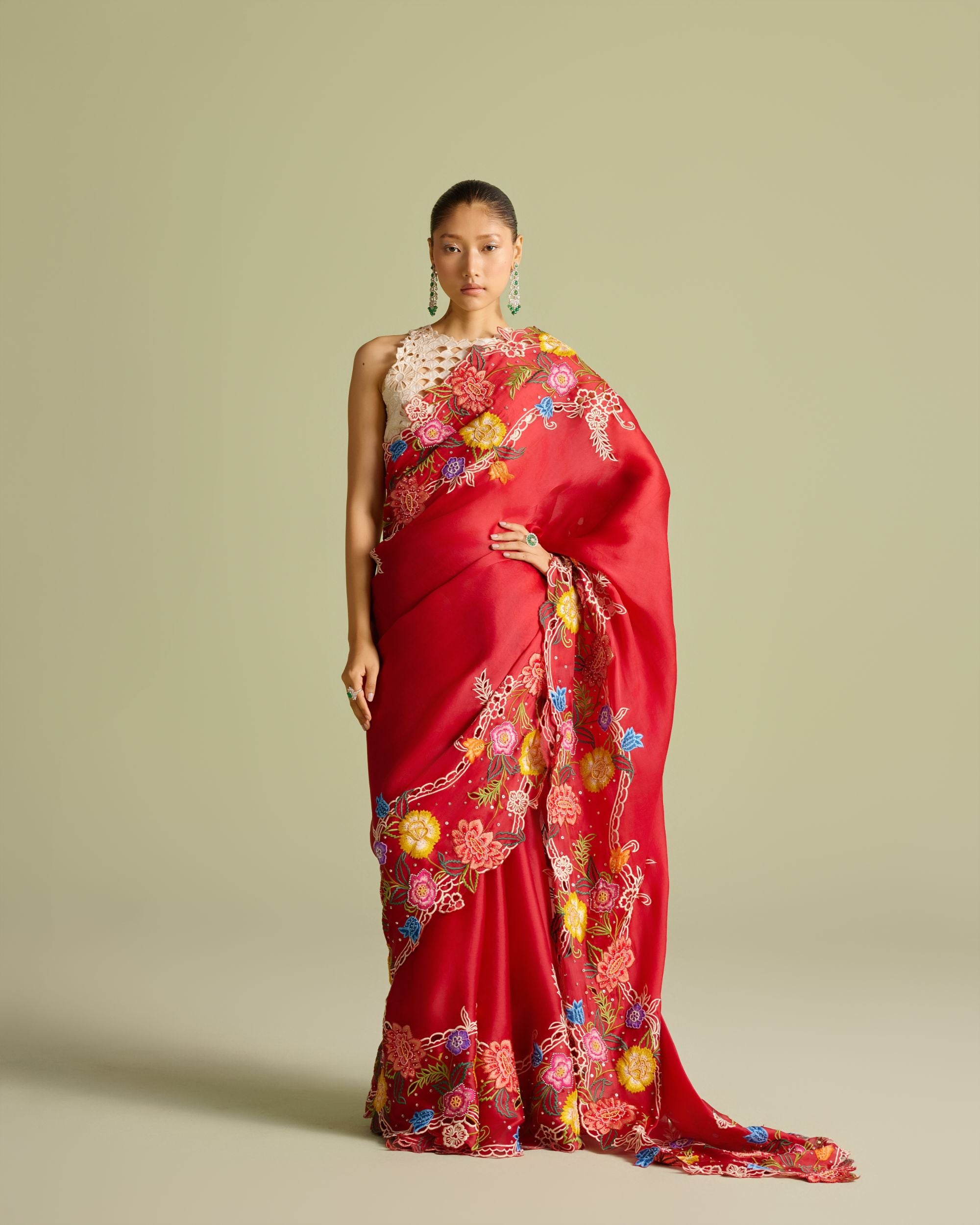Red Multicolour Floral Embroidered Saree