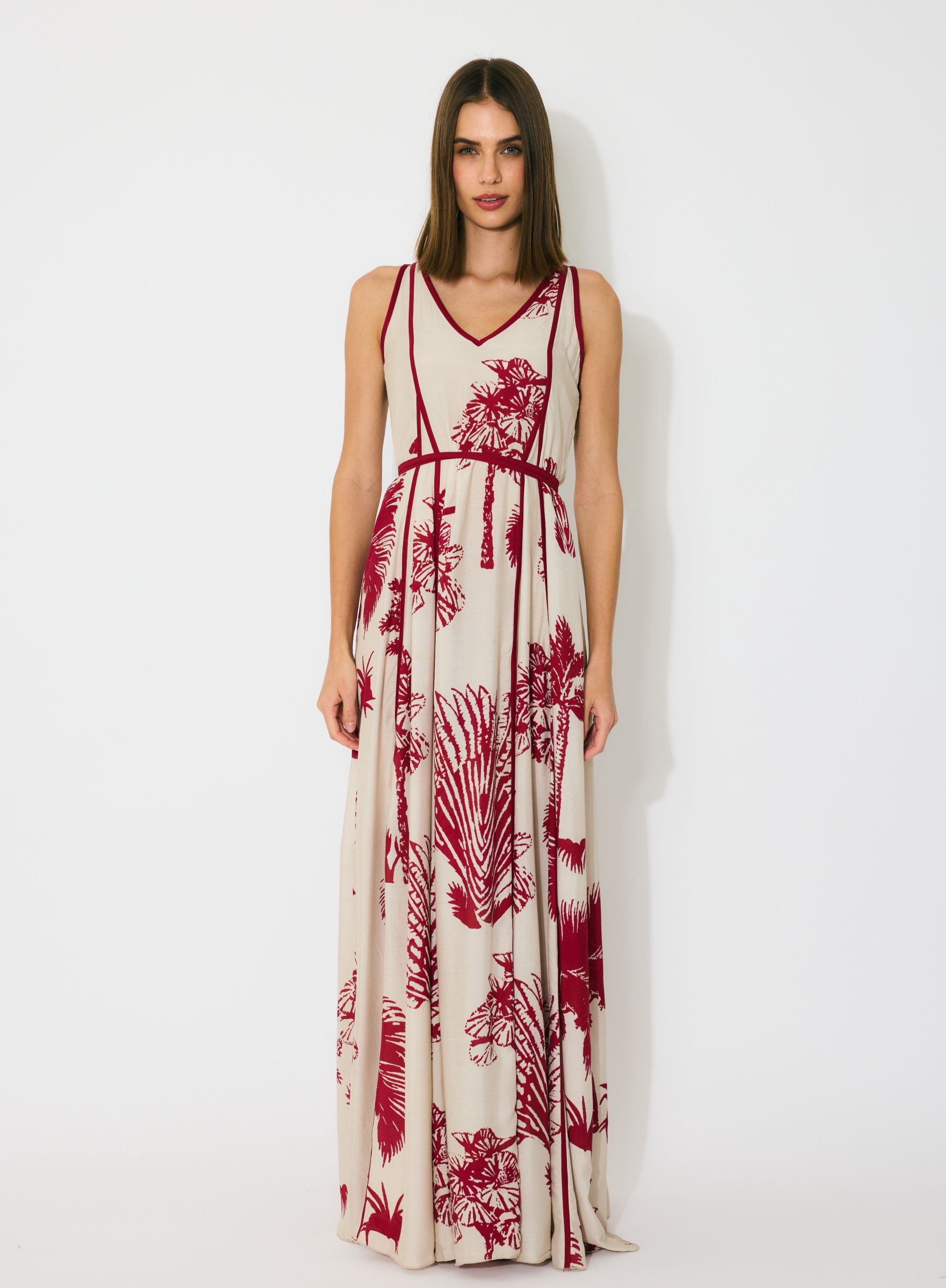 BEIGE AND RED FLORAL SLEEVELESS LONG DRESS