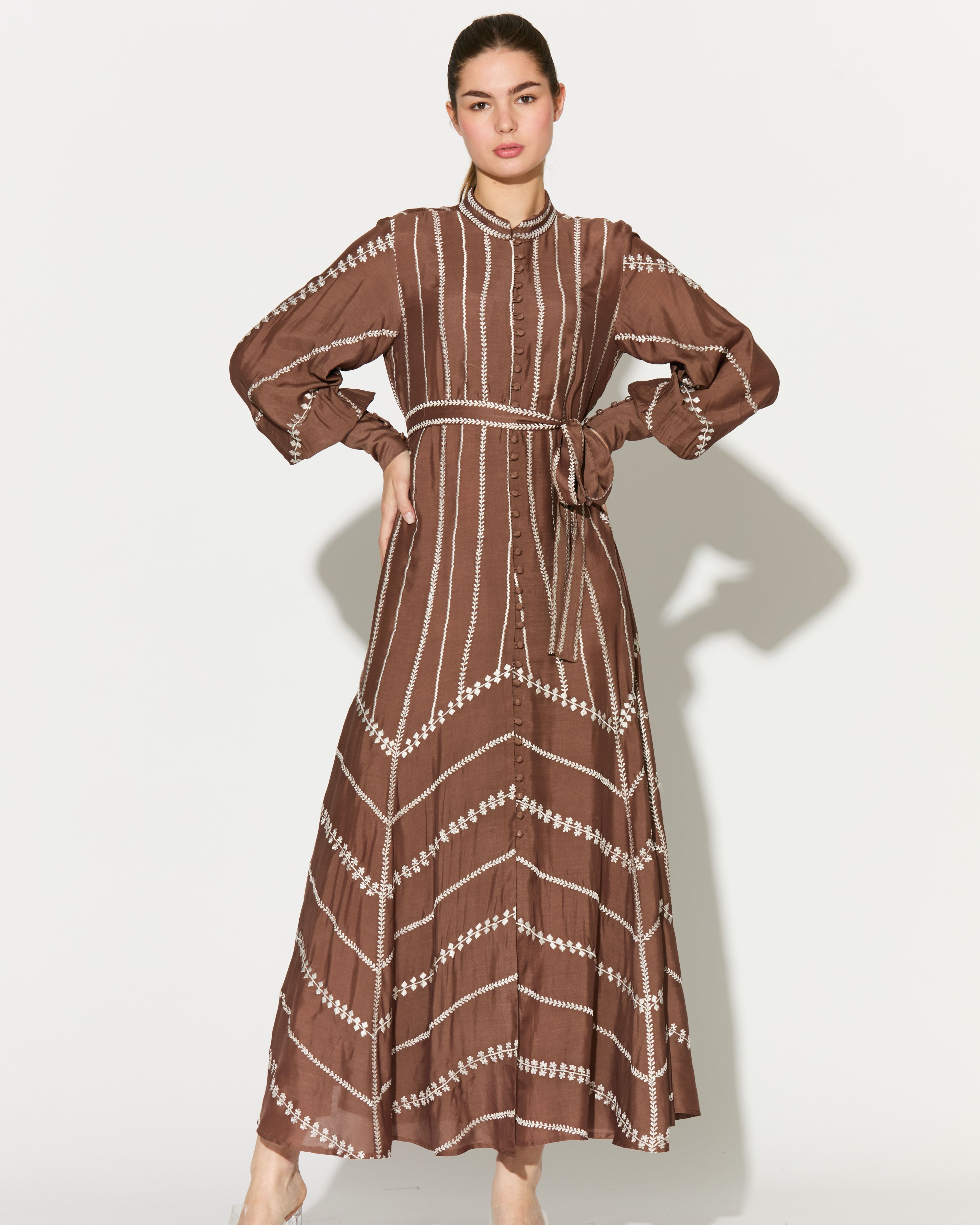 BROWN EMBROIDERED SHIRT DRESS