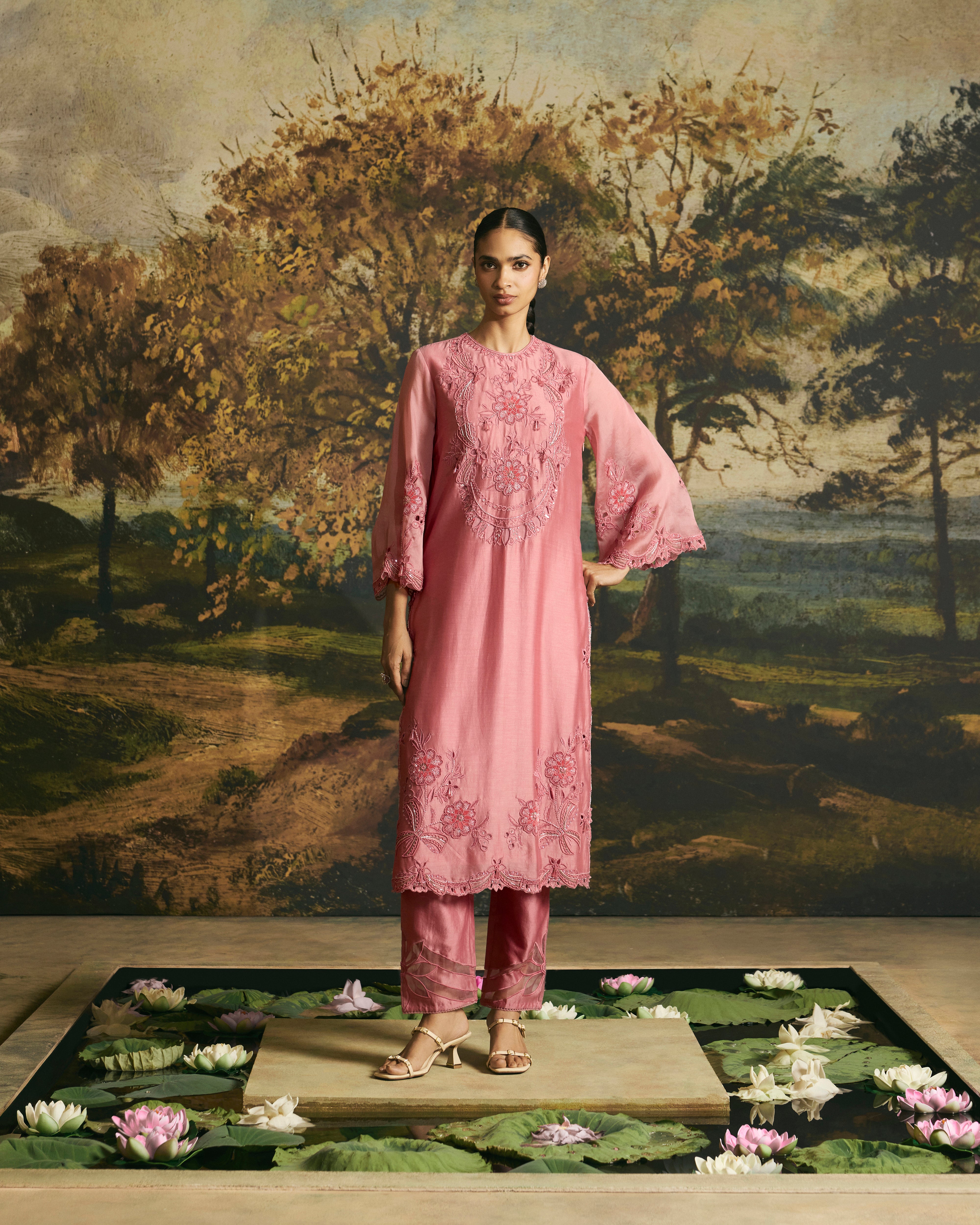 PINK CUTWORK AND BEADWORK KURTA WITH NARROW PANTS
