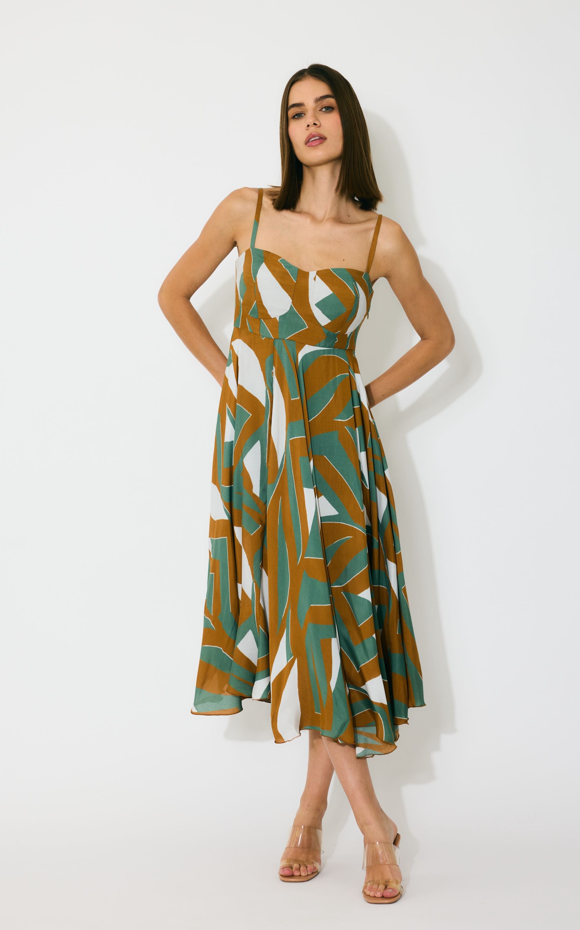 GREEN, BROWN AND CREAM PATTERN MIDI DRESS