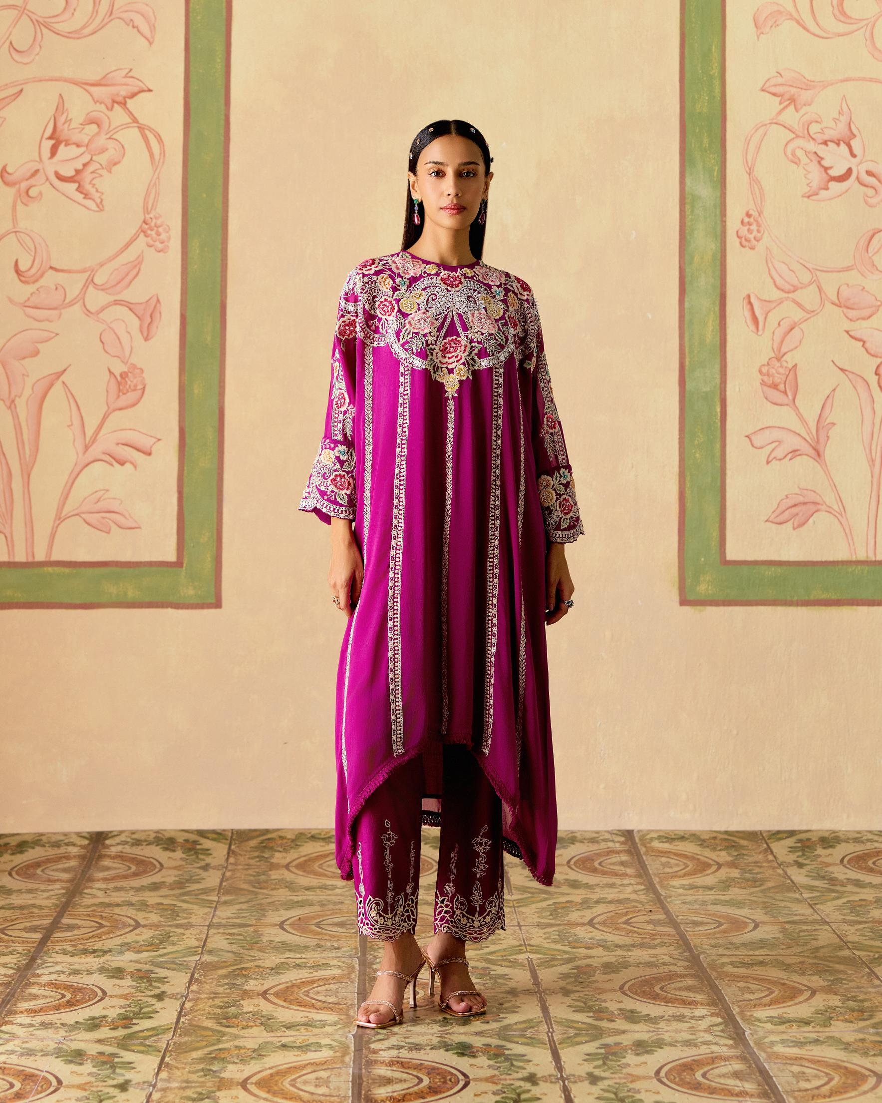 PURPLE CONTRAST EMBROIDERED KIMONO KURTA WITH NARROW PANTS