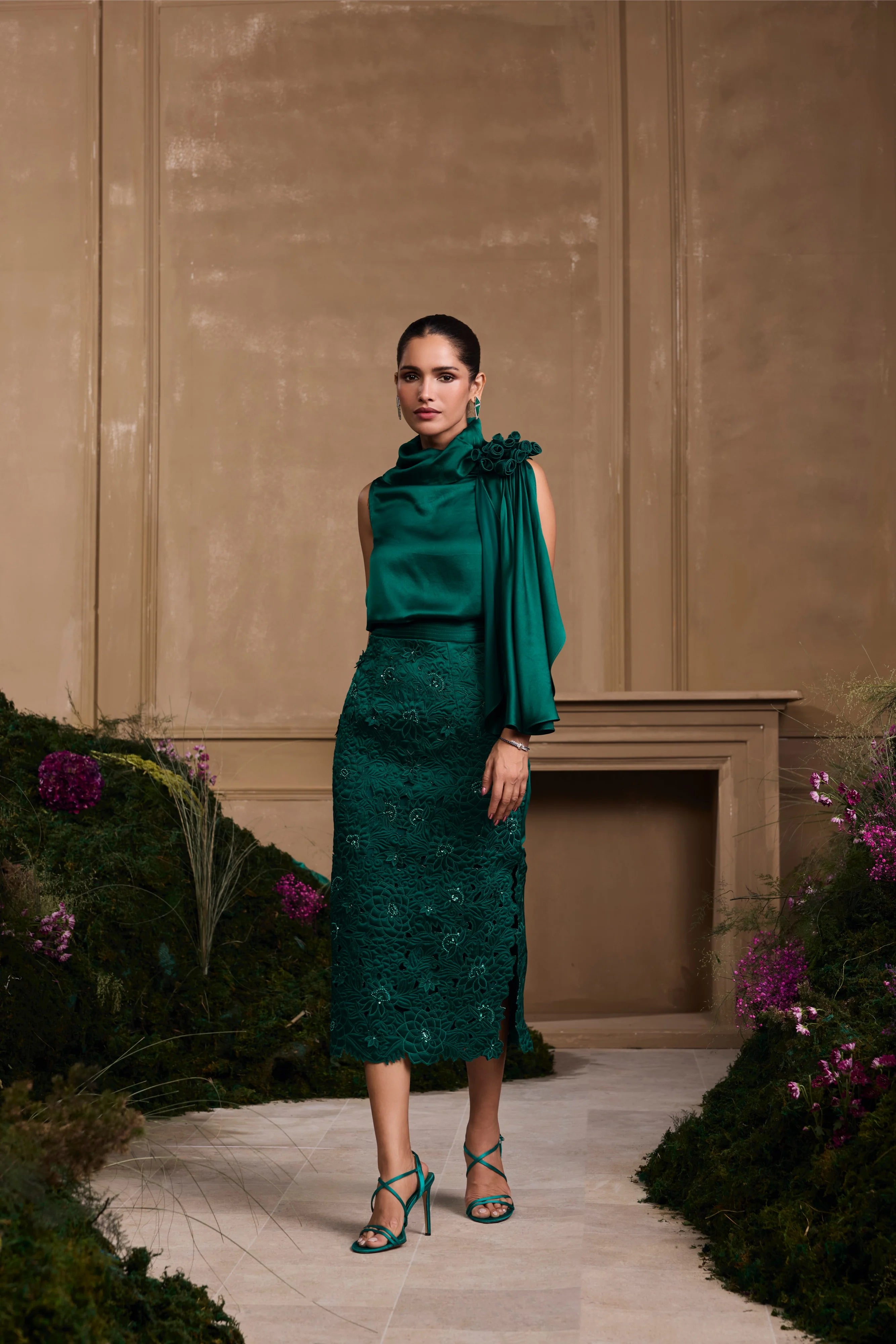 EMERALD GREEN METALLIC QUILTED SKIRT & TOP