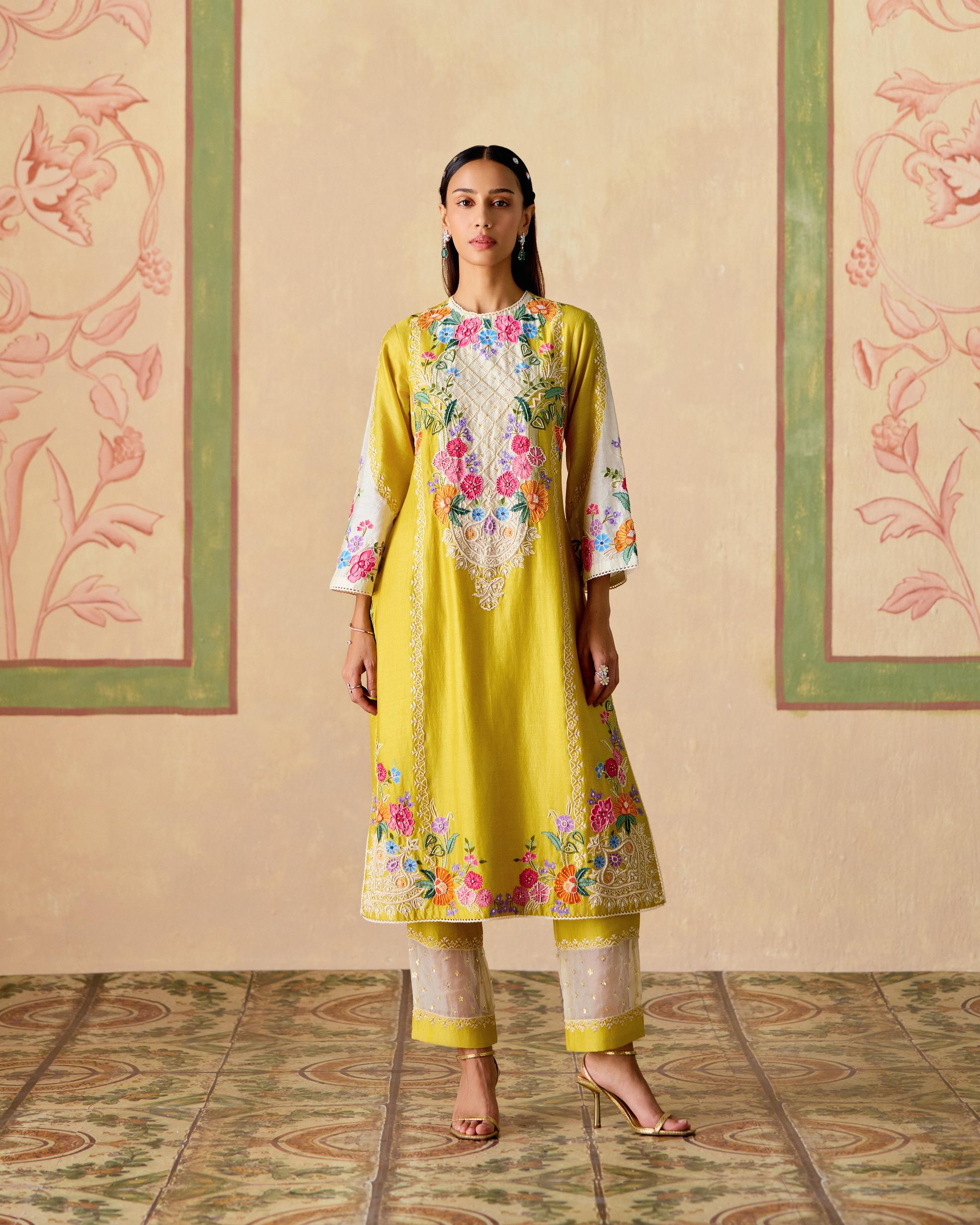 YELLOW AND IVORY EMBROIDERED KURTA WITH SHEER PANEL PANTS