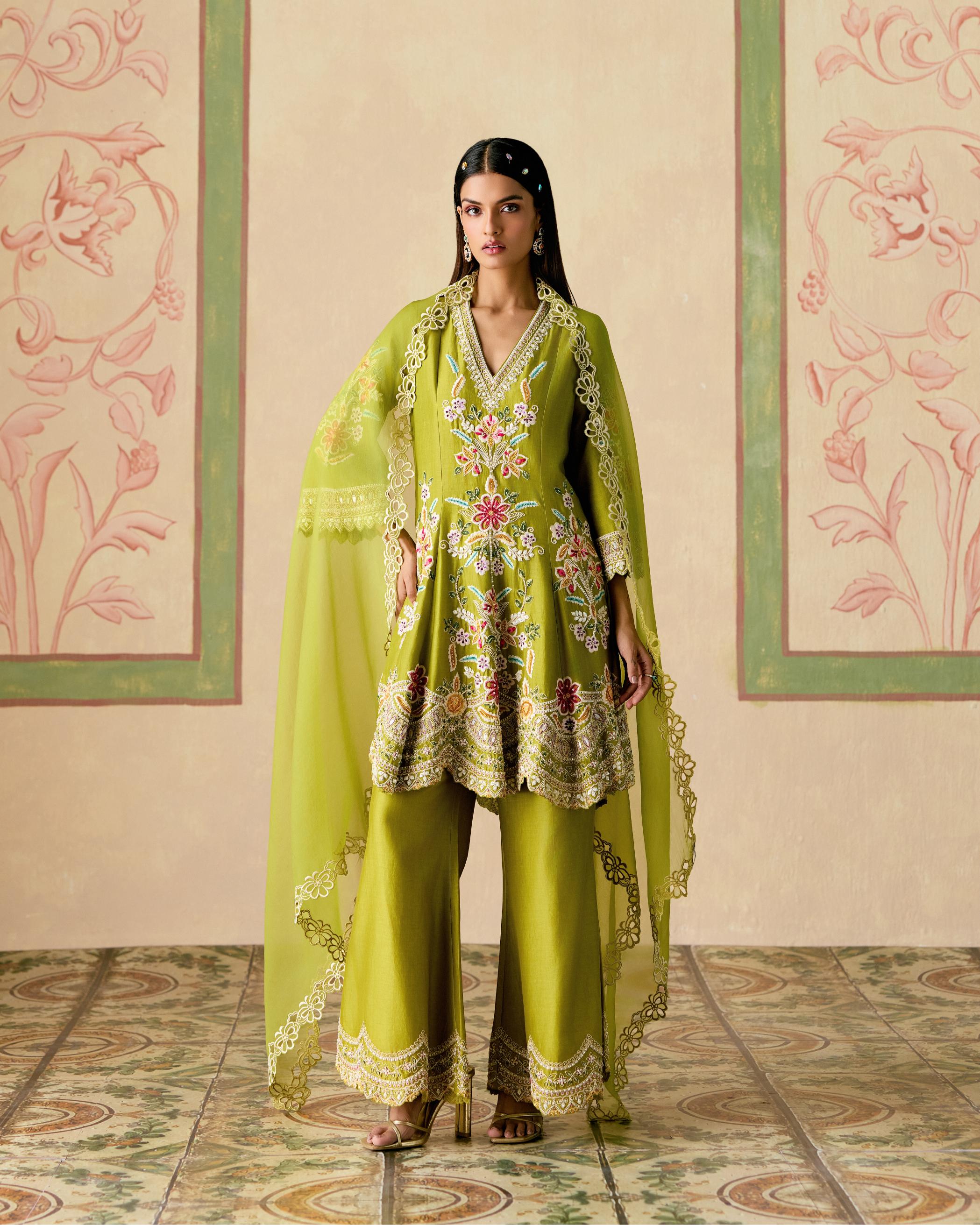 OLIVE CONTRAST CORDWORK FLARED SHORT KURTA WITH BELL BOTTOM PANTS