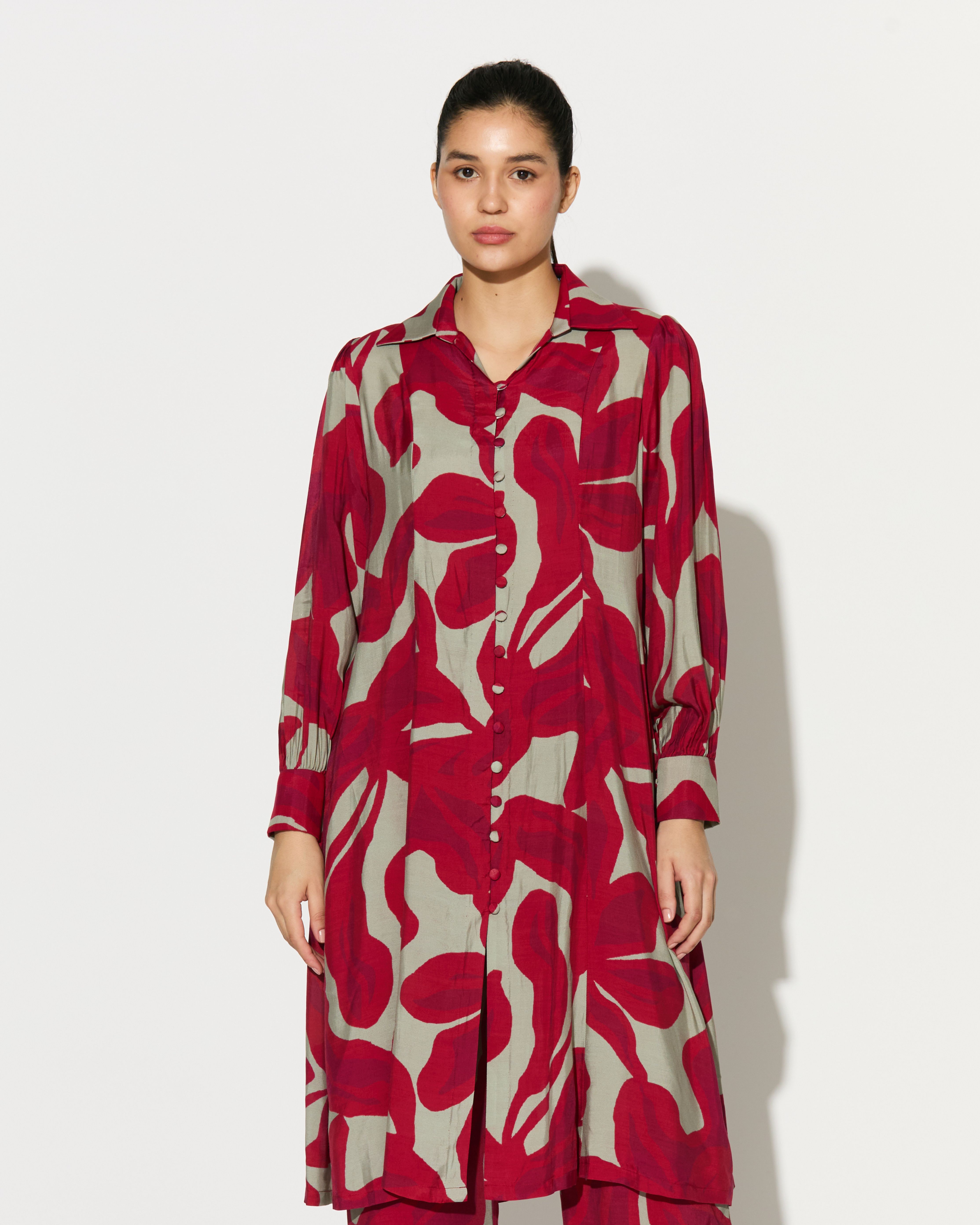 BEIGE AND HOT PINK FLORAL LONG SHIRT