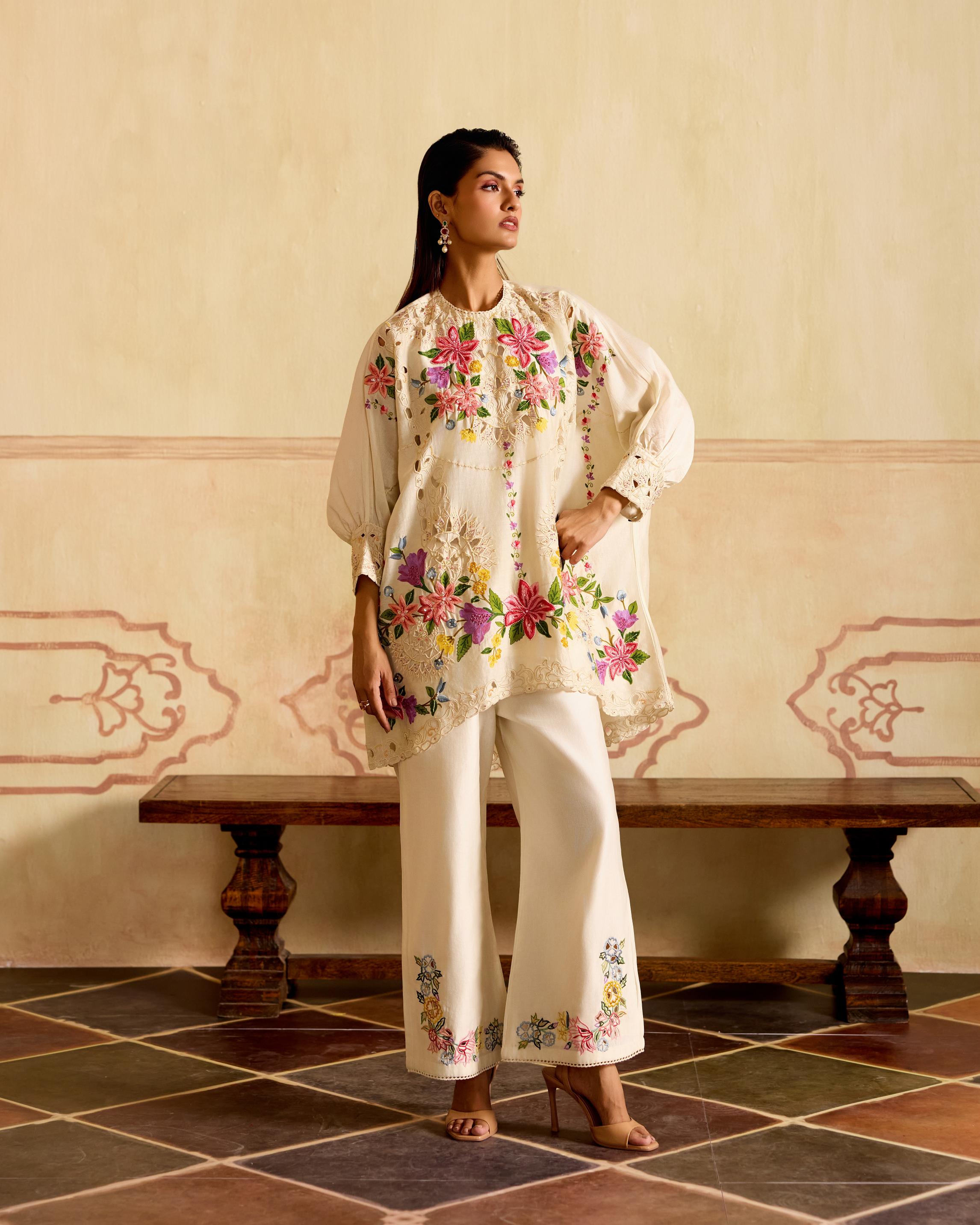 IVORY EMBROIDERED KIMONO TUNIC WITH CUTWORK PANTS