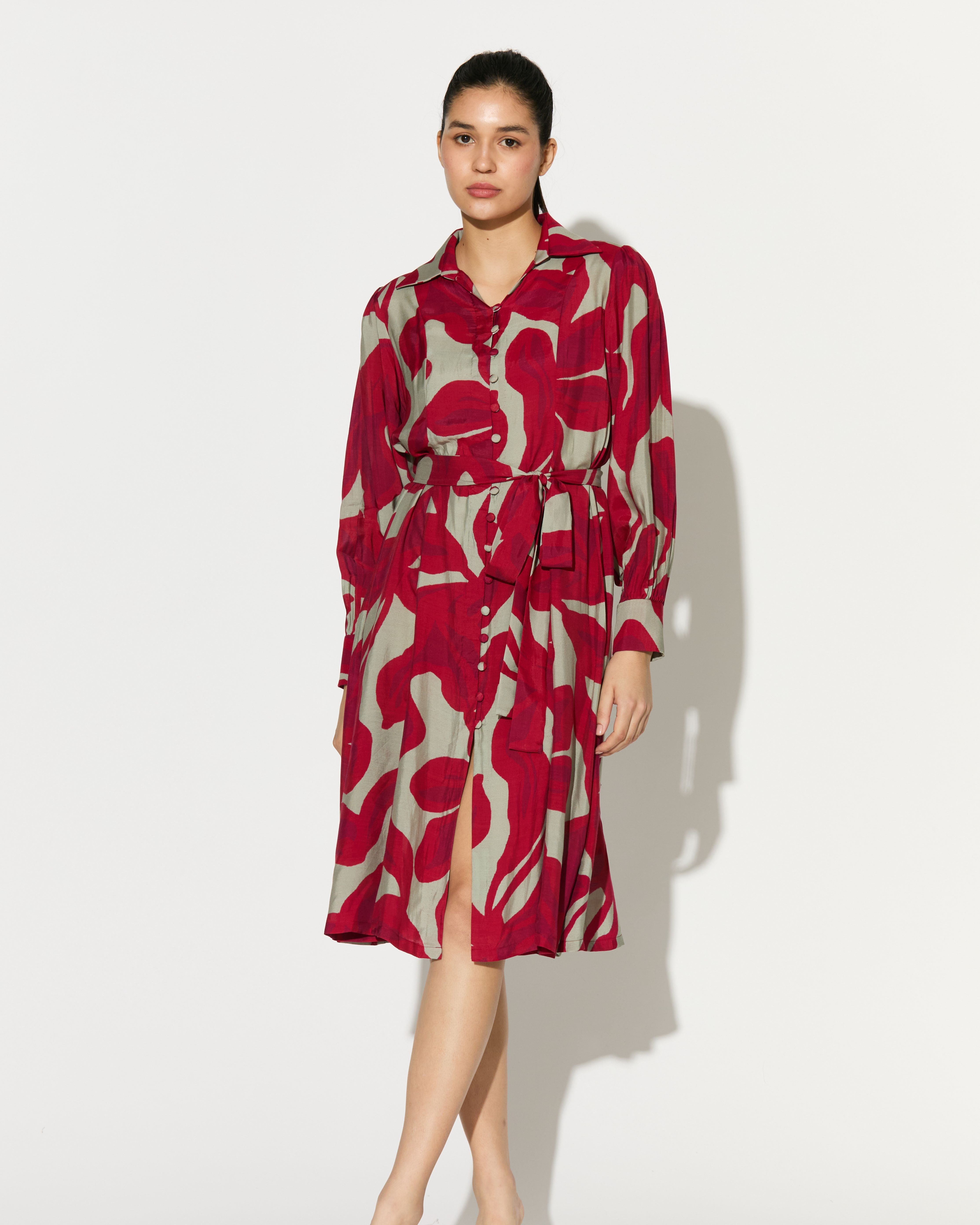 BEIGE AND HOT PINK FLORAL SHIRT DRESS