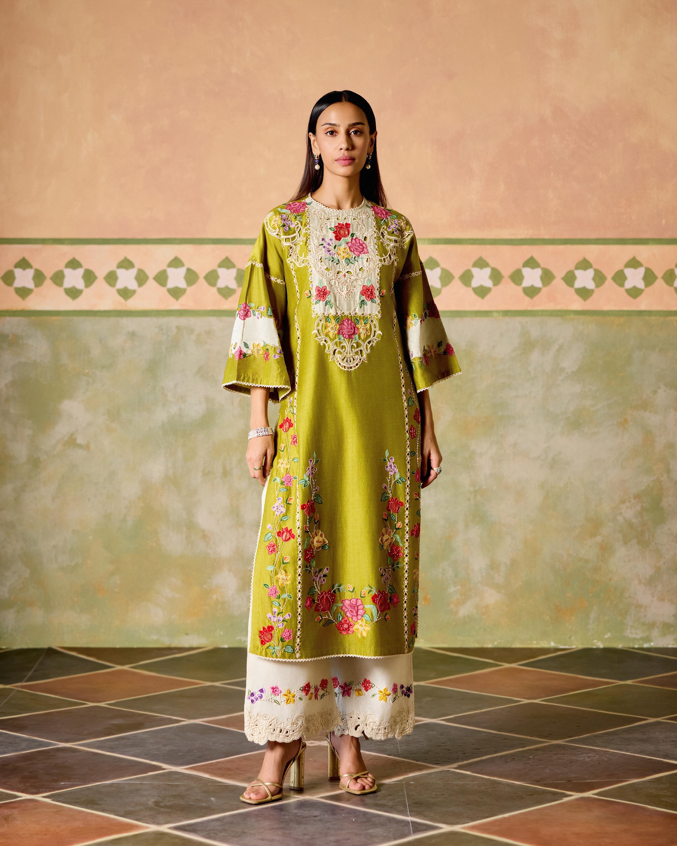 OLIVE AND IVORY COLOUR BLOCK KURTA WITH IVORY EMBROIDERED PANTS