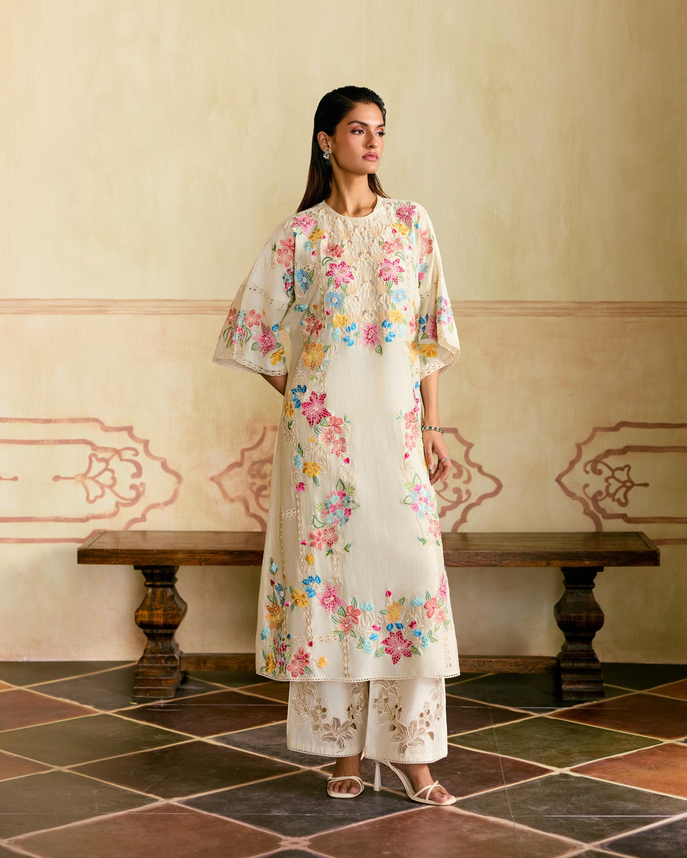 IVORY MOSAIC FLORALS FLARED KURTA WITH SHEER APPLIQUE PANTS