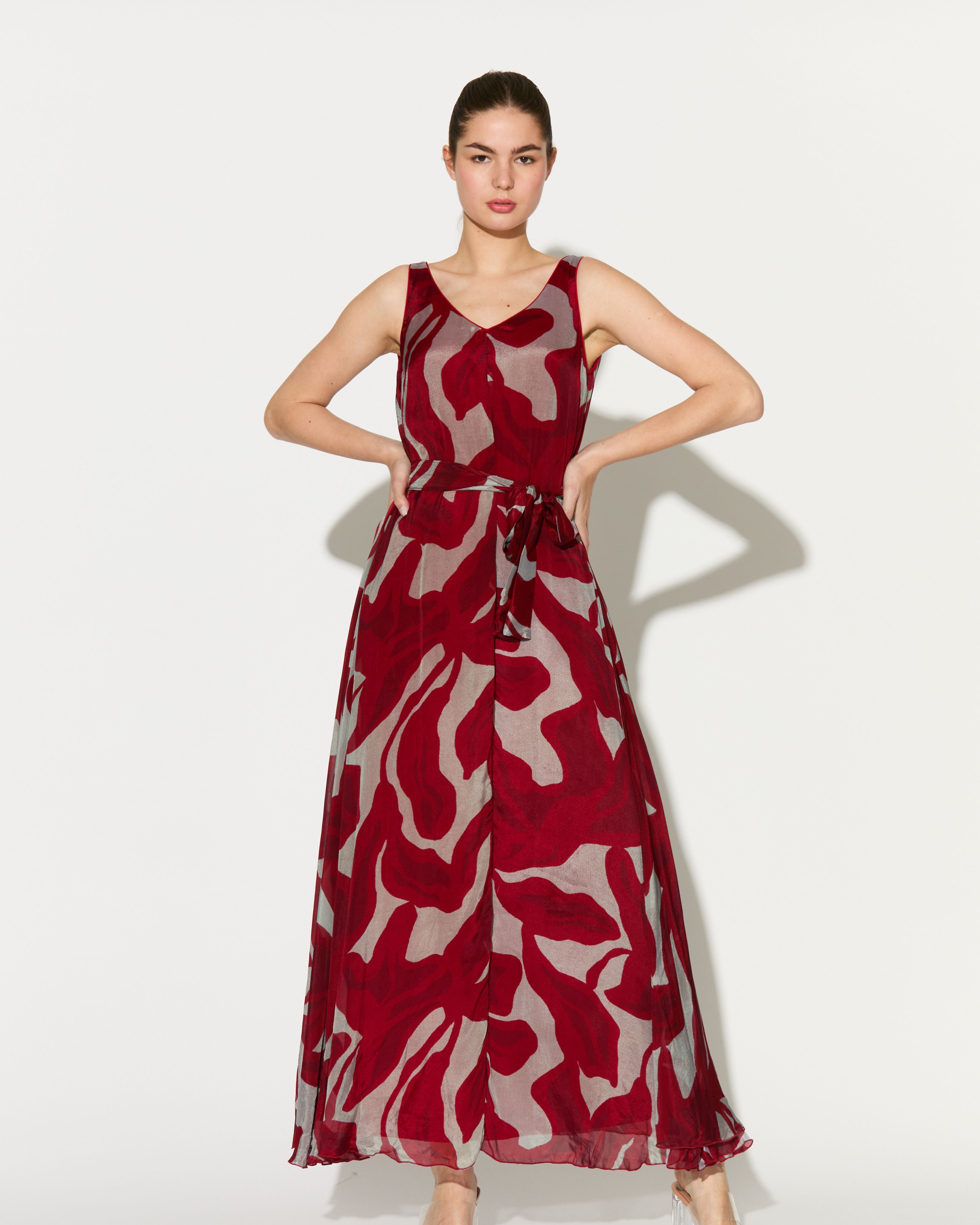 BEIGE AND HOT PINK FLORAL SLEEVELESS LONG DRESS