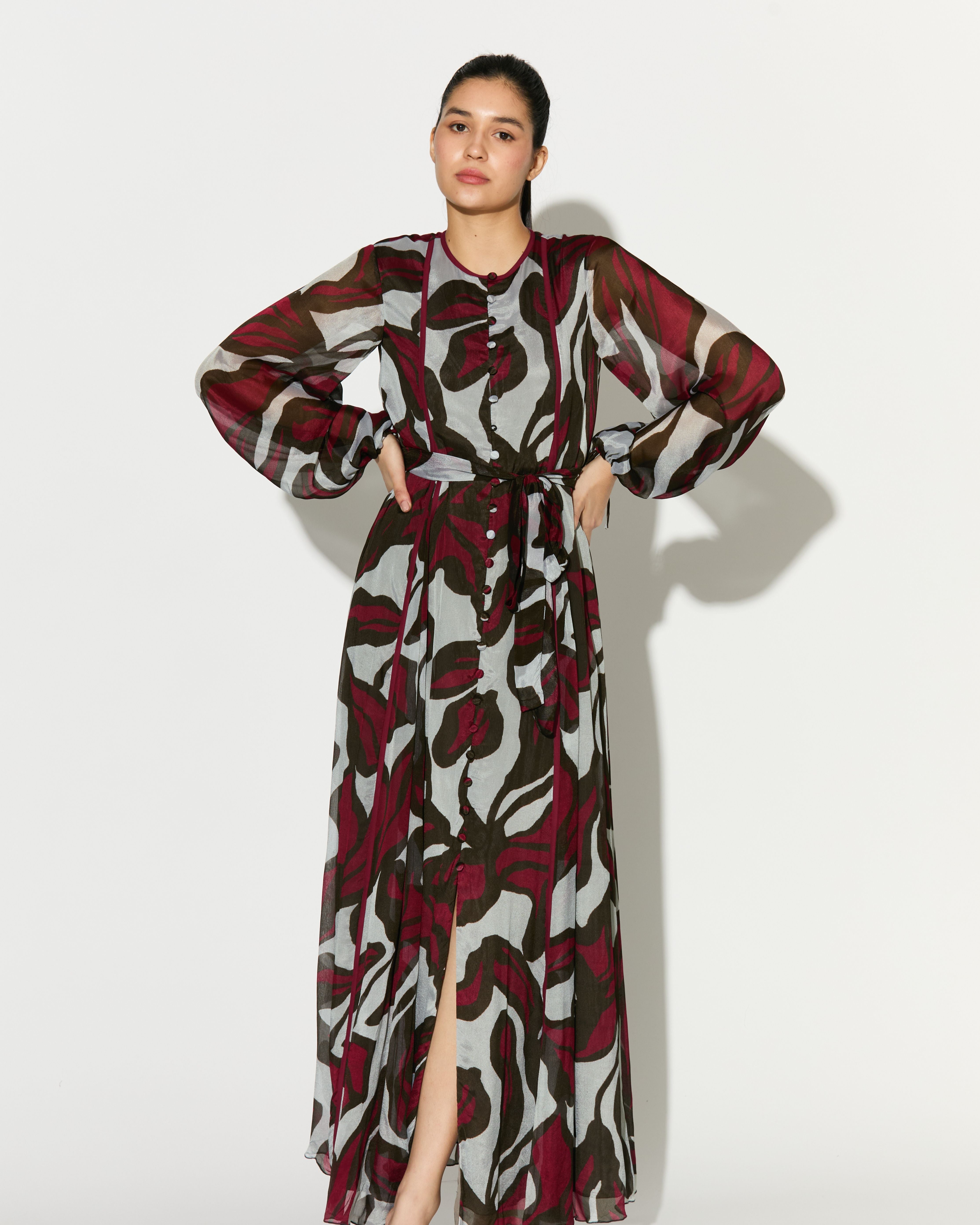 BEIGE, PINK AND GREEN FLORAL LONG DRESS