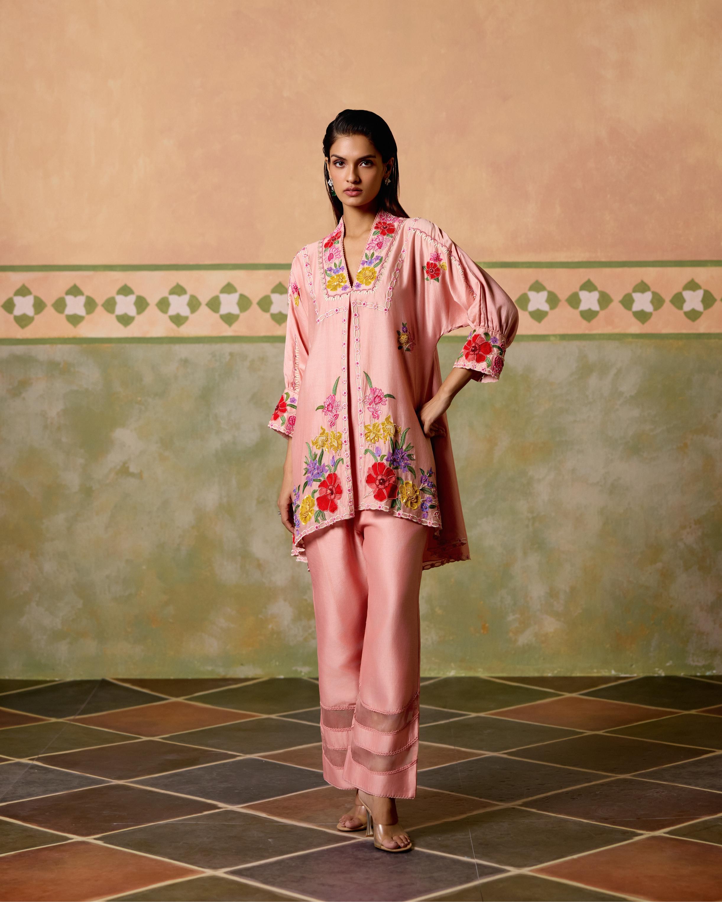 ROSE PINK THREADWORK AND BEADWORK TUNIC WITH SHEER DETAIL PANTS