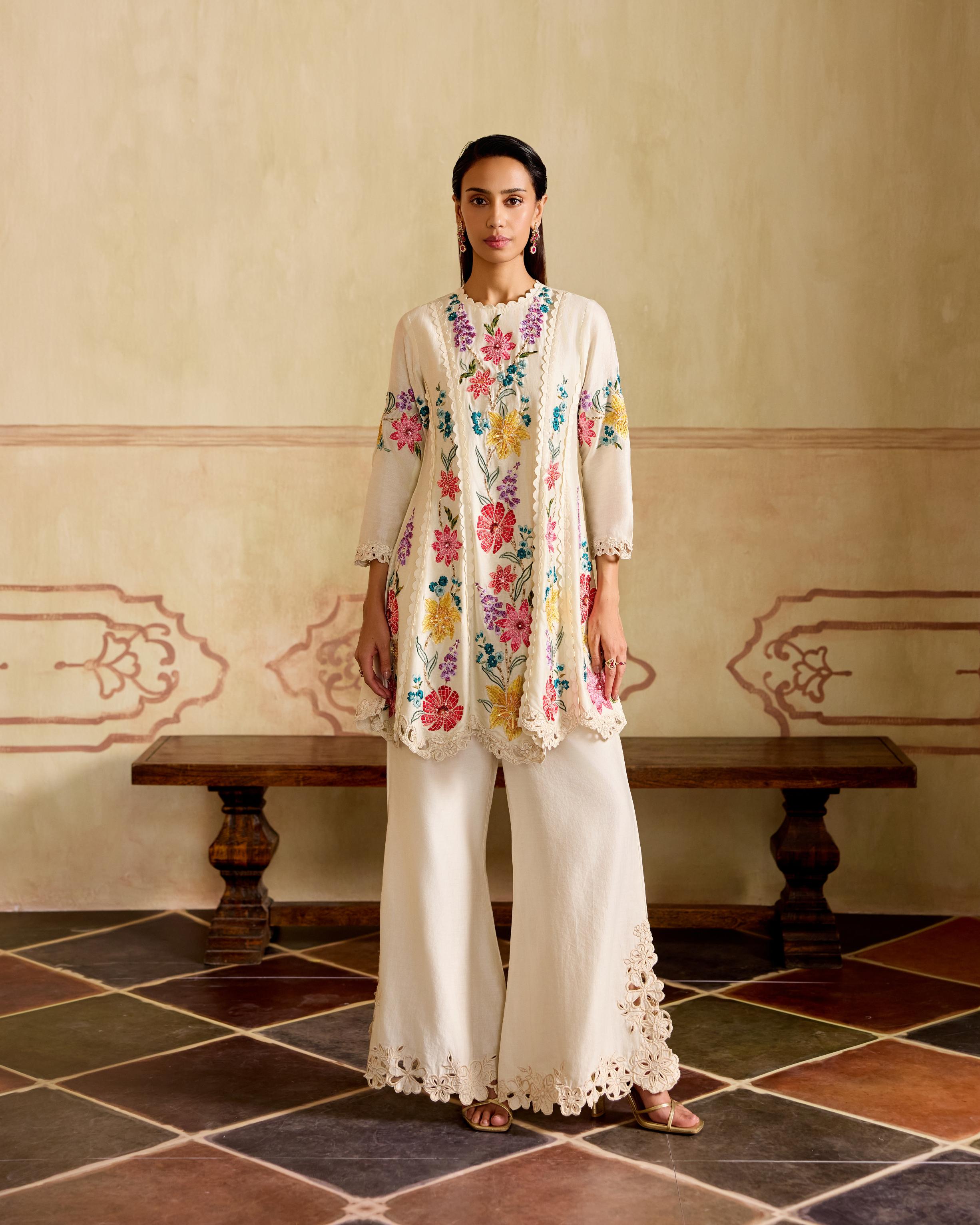 IVORY MOSAIC VINES FLARED SHORT KURTA WITH CUTWORK BELL BOTTOMS