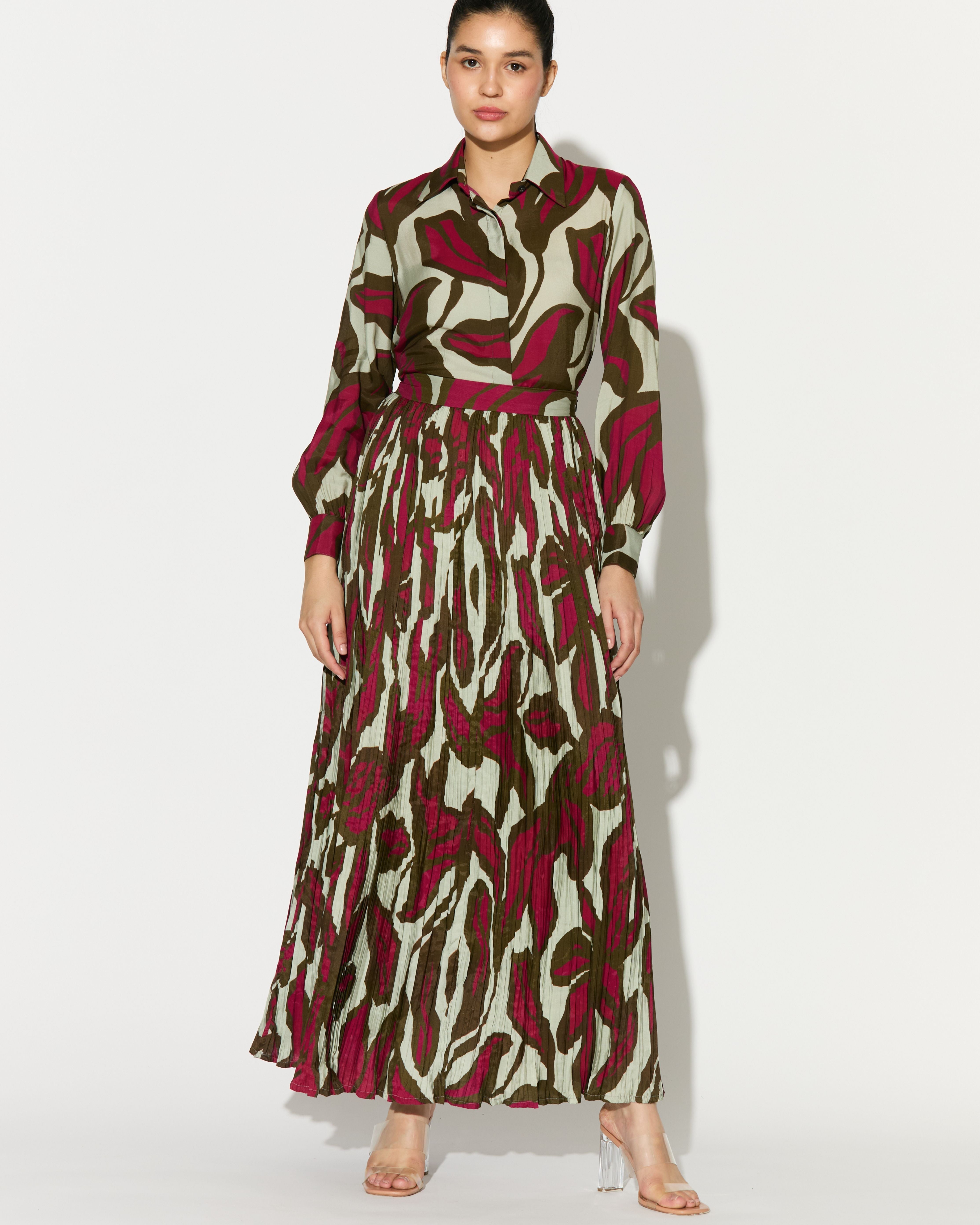 BEIGE, PINK AND GREEN FLORAL CRNKLED SKIRT