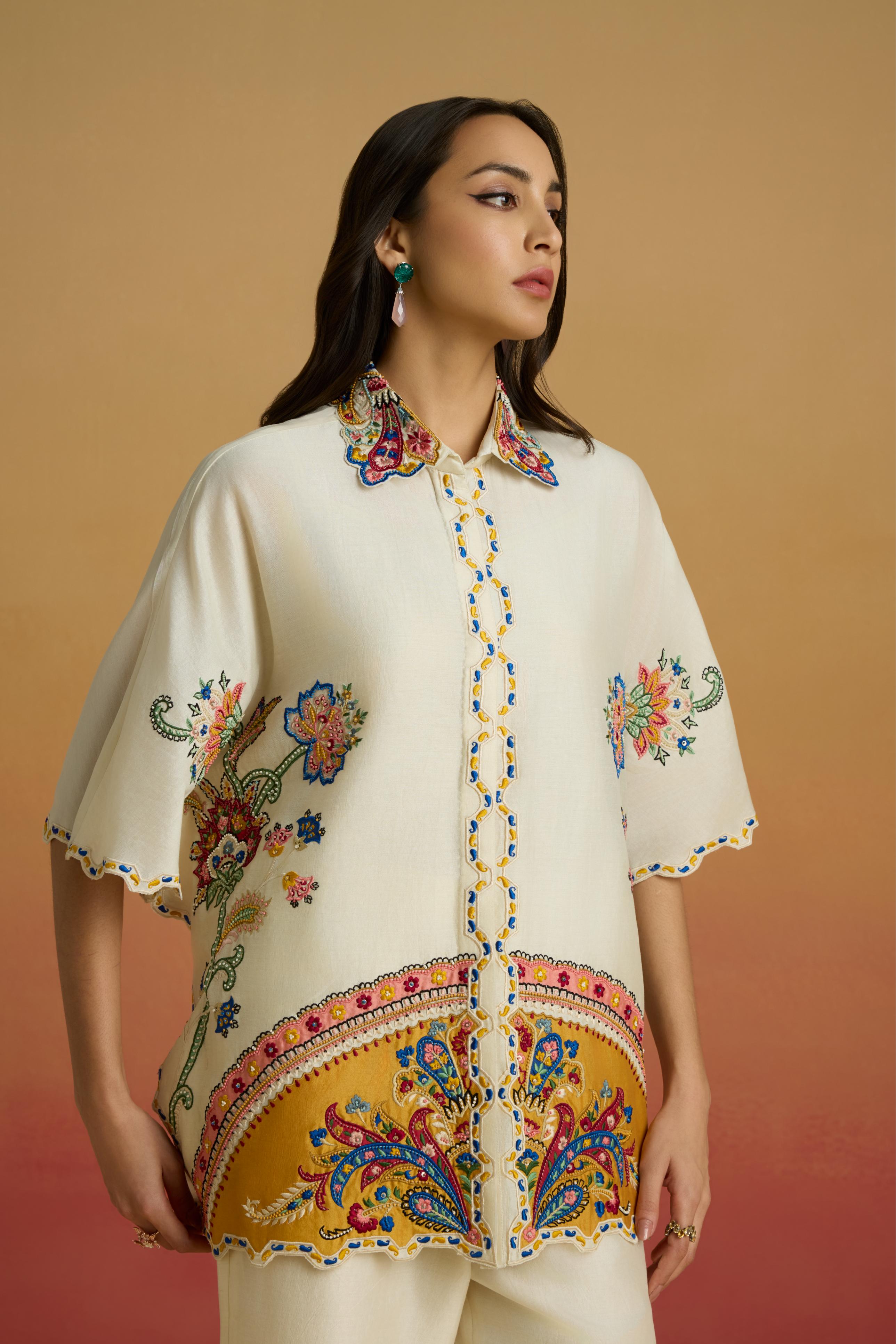 IVORY APPLIQUE KAFTAN SHIRT