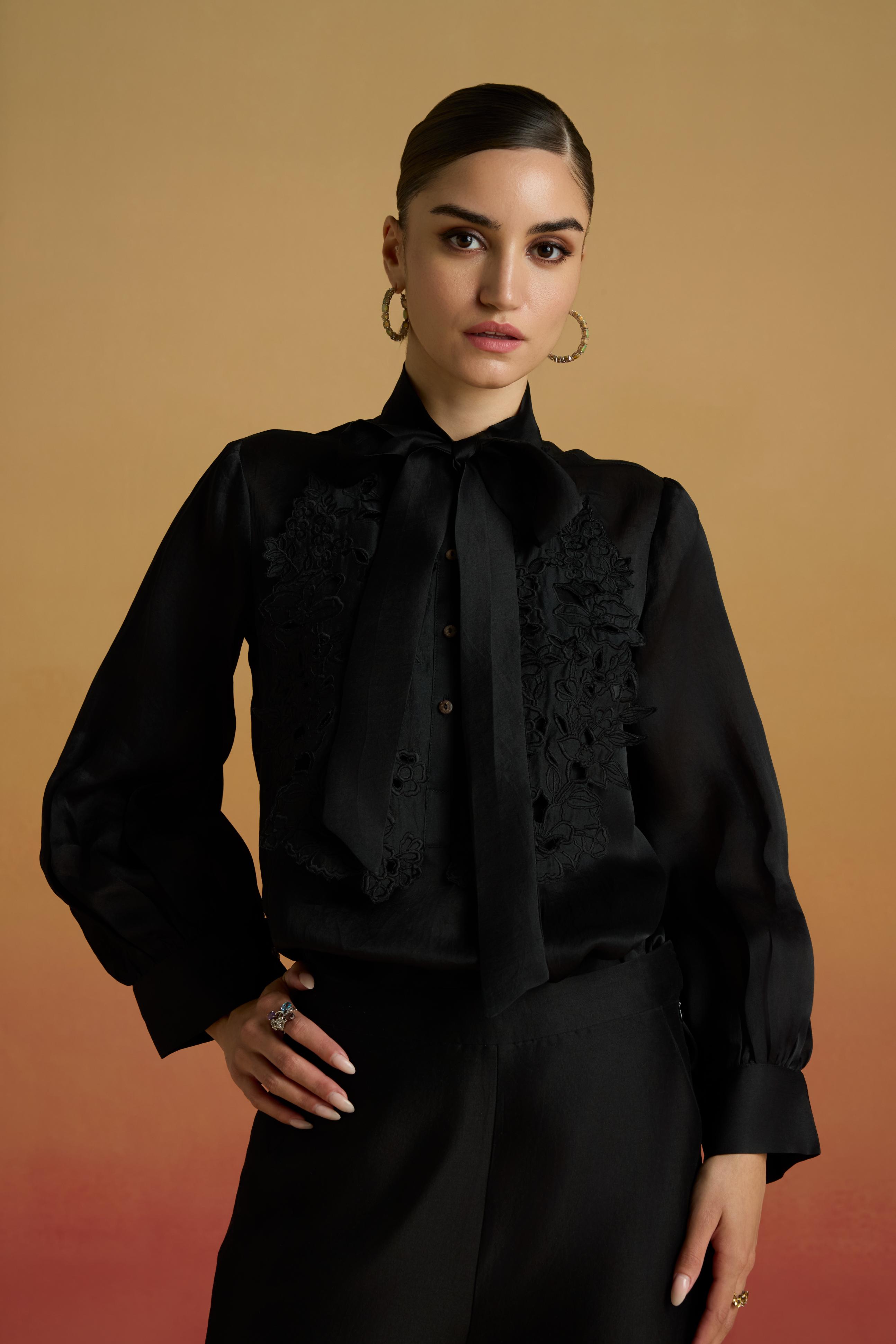 BLACK CUTWORK BIB LAYERED SHIRT