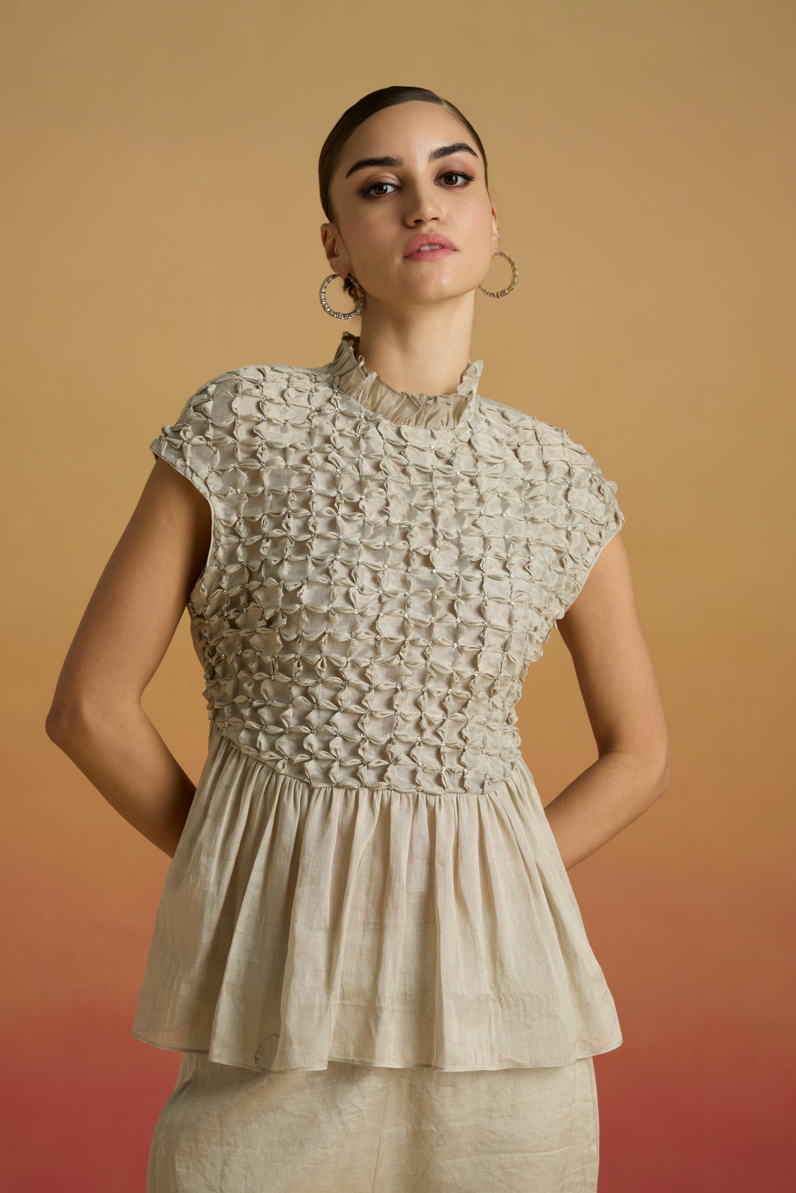 SILVER BEADED SMOCKED TOP