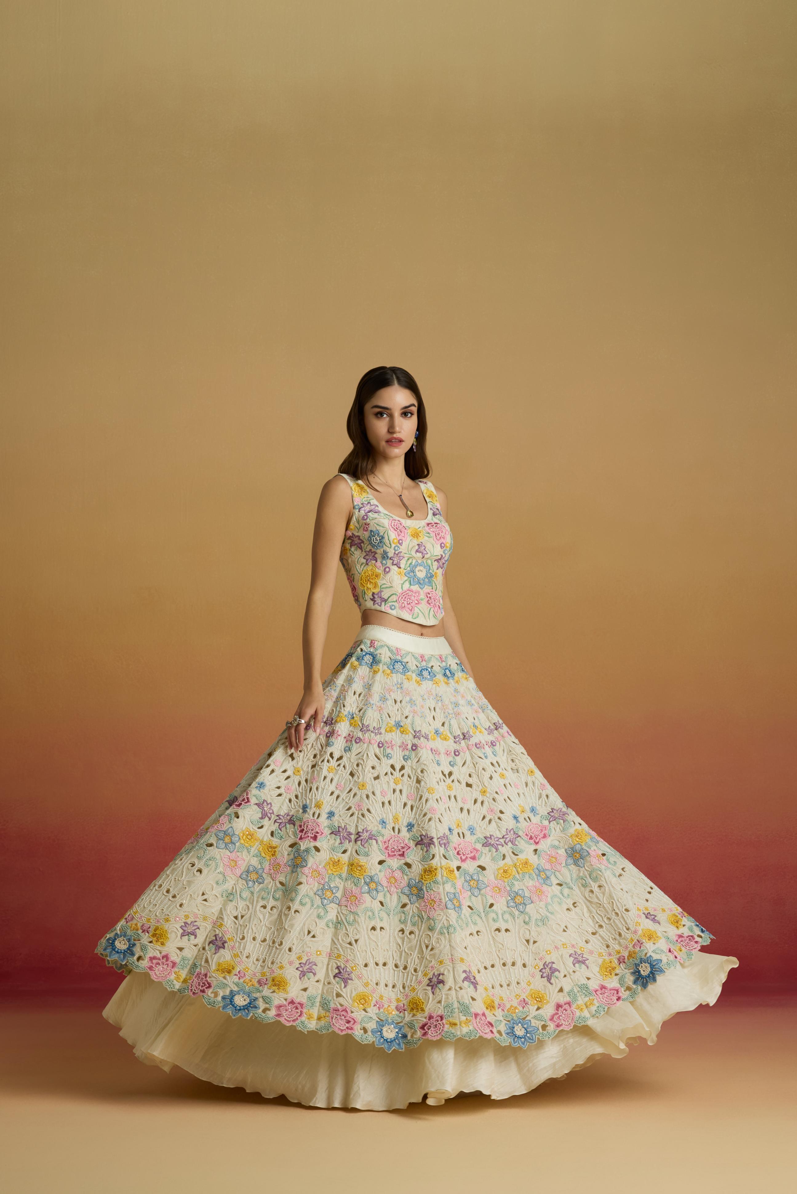 IVORY PASTEL FLORAL CORDWORK LEHENGA