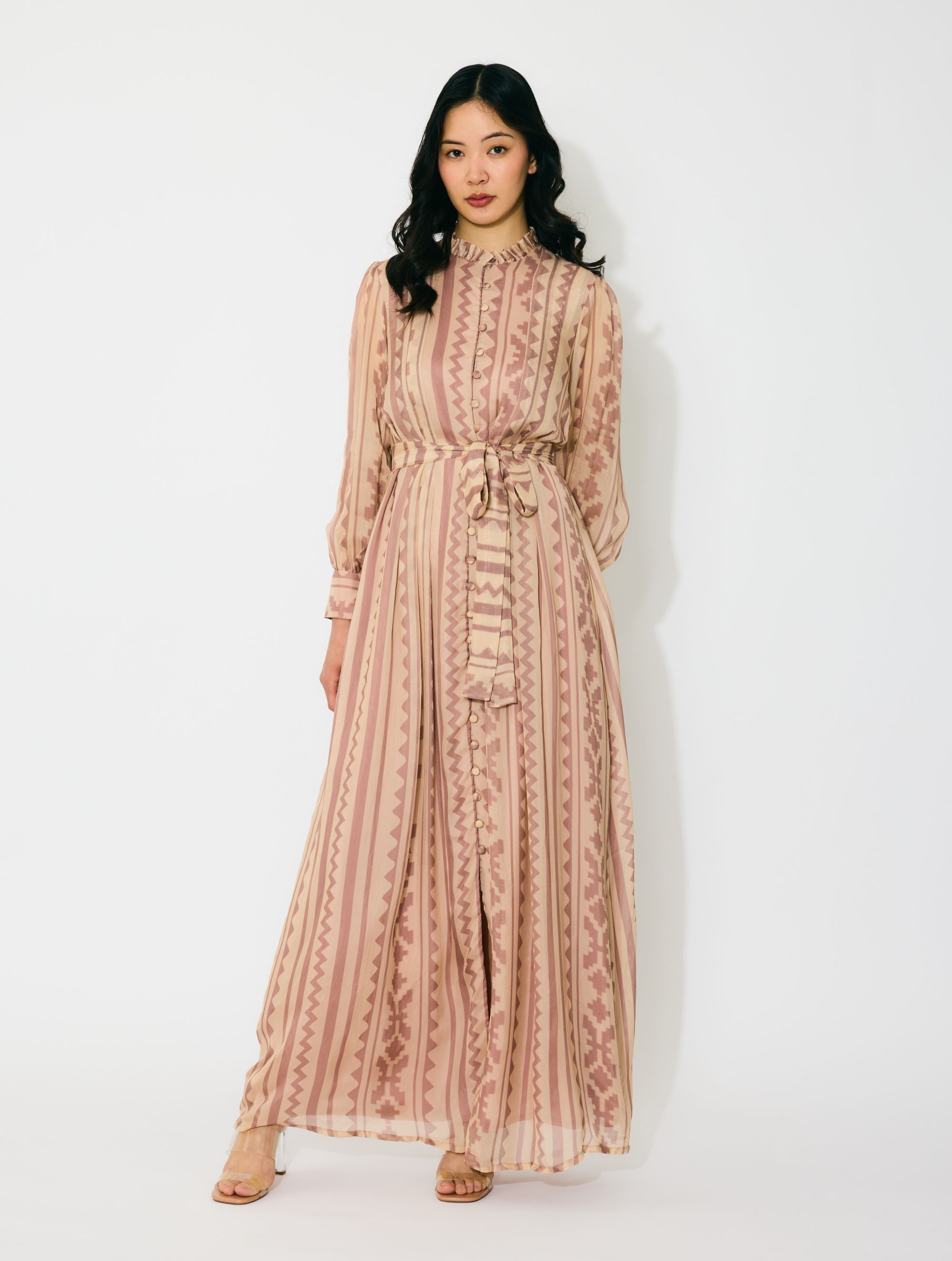 PEACH AND CREAM PATTERN LONG SHIRT DRESS