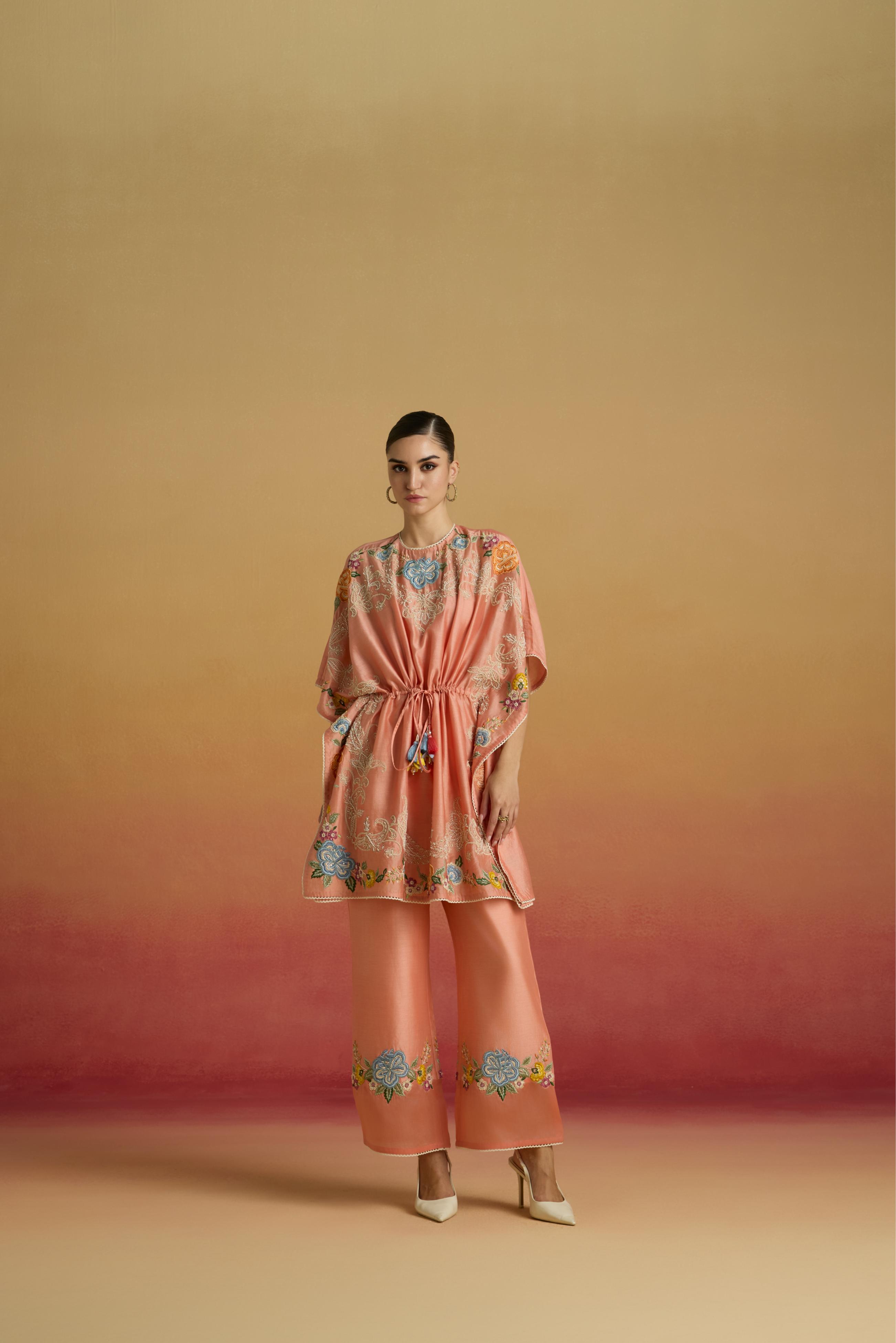 APRICOT FLORAL SHEER DETAIL PANTS