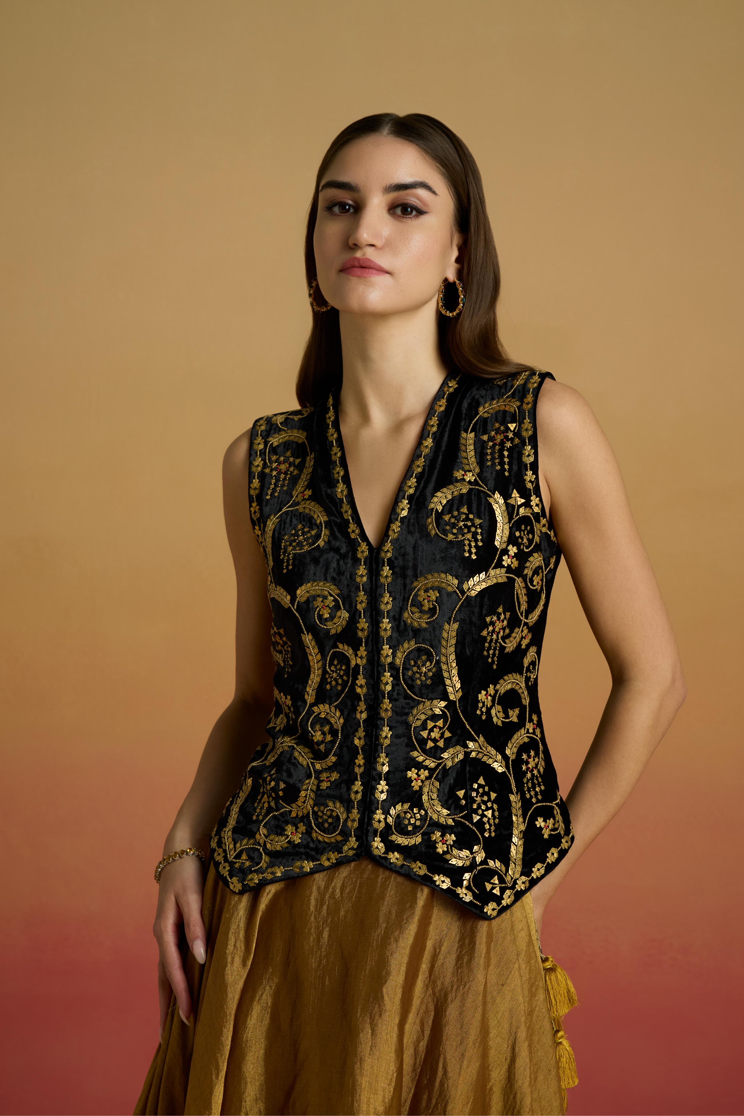 BLACK AND GOLD EMBELLISHED WAISTCOAT
