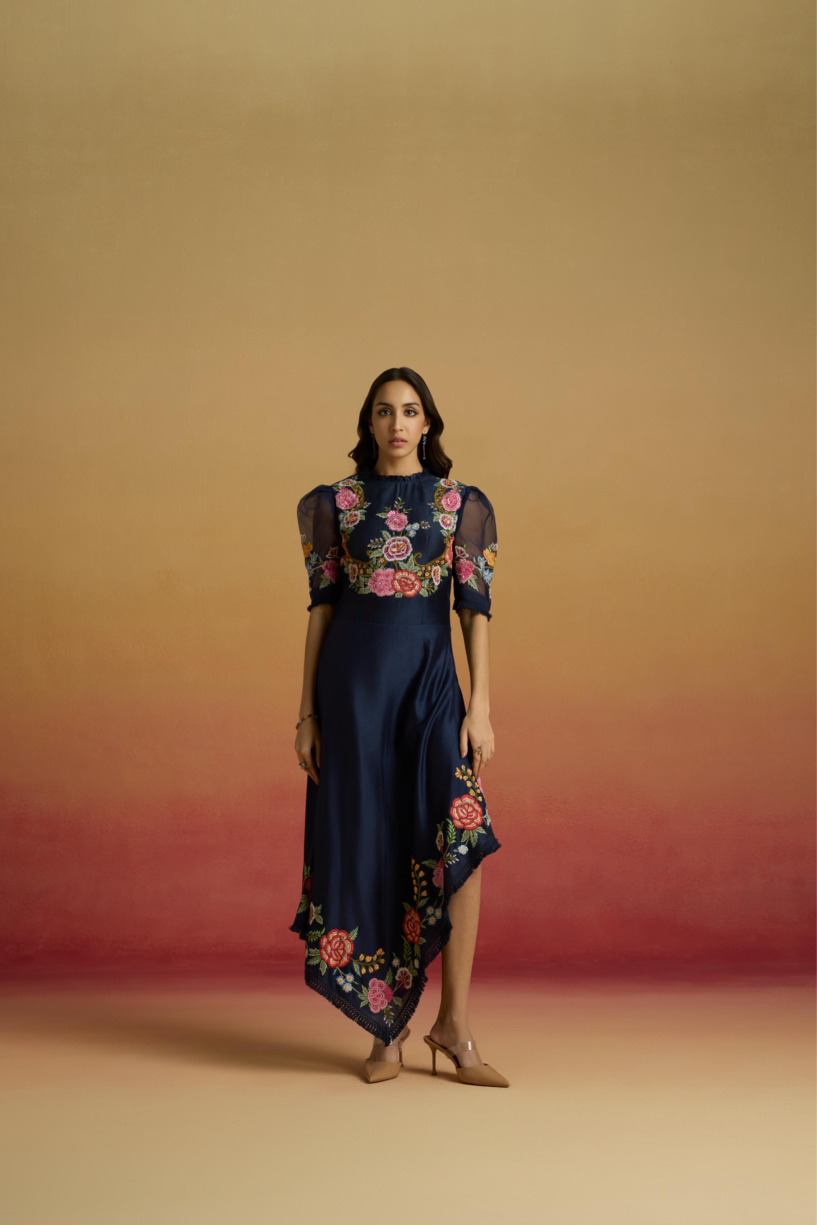 INDIGO FLORAL ASSYMETRIC DRESS