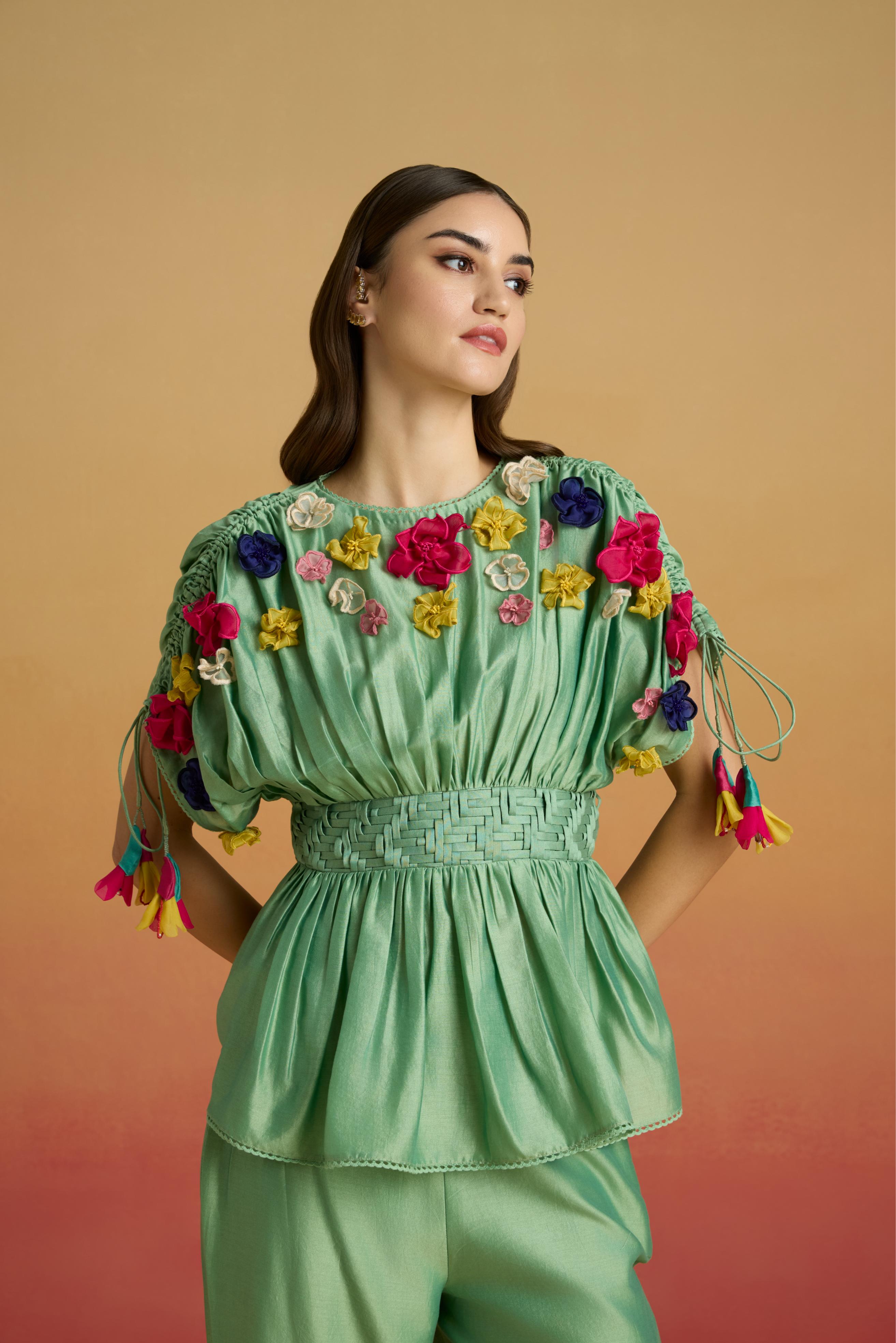 SAGE GREEN 3D FLORAL APPLIQUE TOP